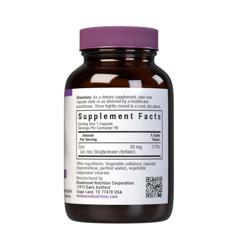 Bluebonnet Albion Chelated Zinc 30 mg β Immune Support & Enzyme Function | 90 Veg Capsules