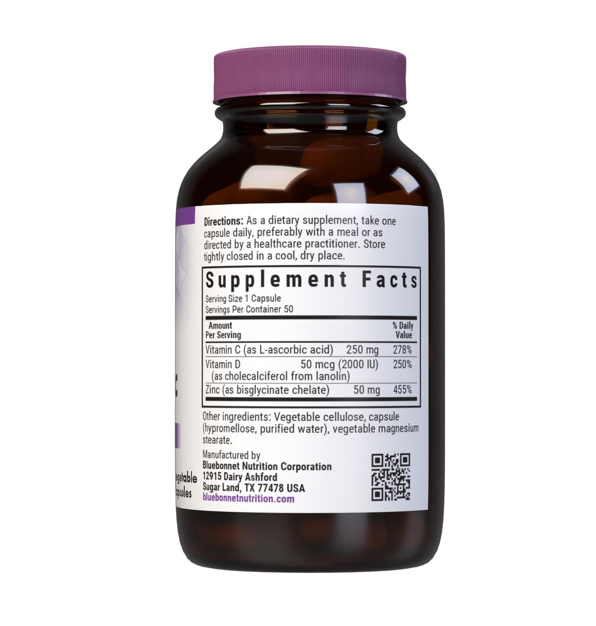 BlueBonnet Nutrition Vitamin C, D3 & Zinc β Immune Health* | Non-GMO, Kosher, Gluten-Free, Soy-Free, Dairy-Free | 50 Vegetable Capsules, 50 Servings