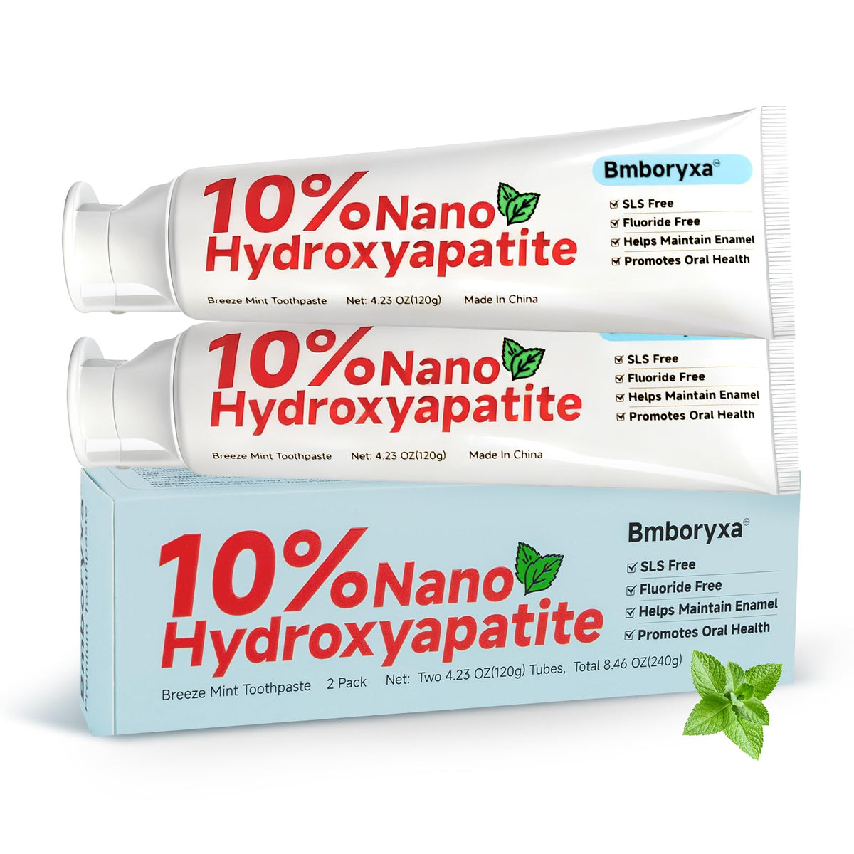 Bmboryxa 10% Nano Hydroxyapatite Toothpaste β SLS & Fluoride Free, Whitening, Sensitive Teeth (4.23oz Mint)