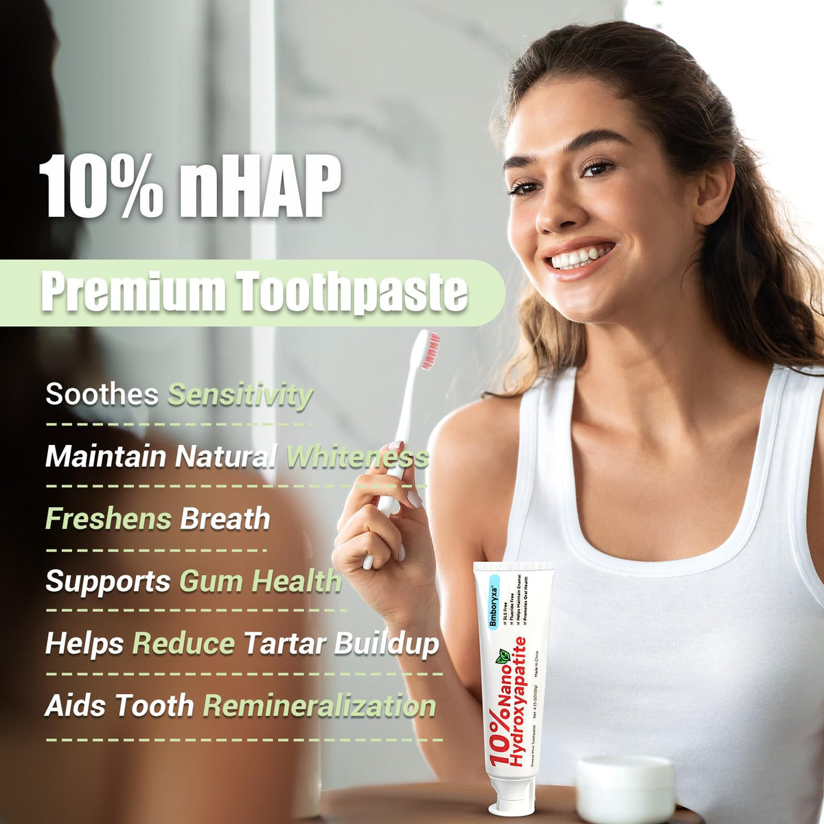 Bmboryxa 10% Nano Hydroxyapatite Toothpaste β SLS & Fluoride Free, Whitening, Sensitive Teeth (4.23oz Mint)