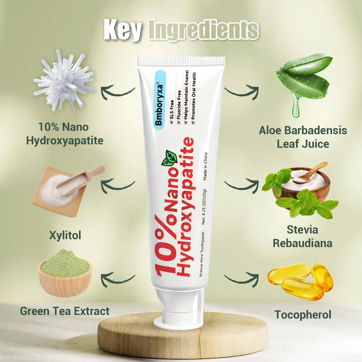 Bmboryxa 10% Nano Hydroxyapatite Toothpaste β SLS & Fluoride Free, Whitening, Sensitive Teeth (4.23oz Mint)
