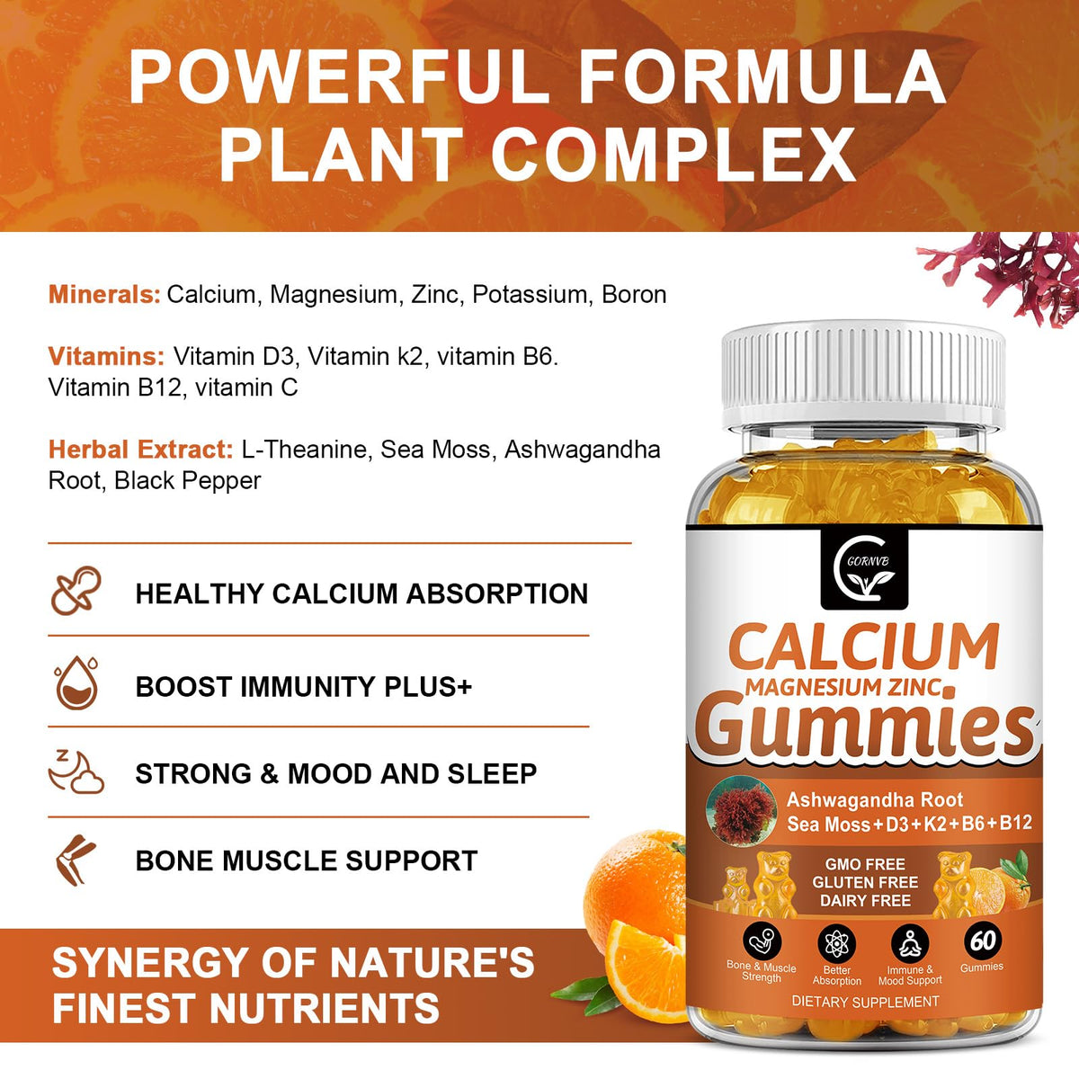 1200mg Calcium Gummies with D3, K2, B12 & B6 β Plant Complex Calcium Magnesium with Sea Moss