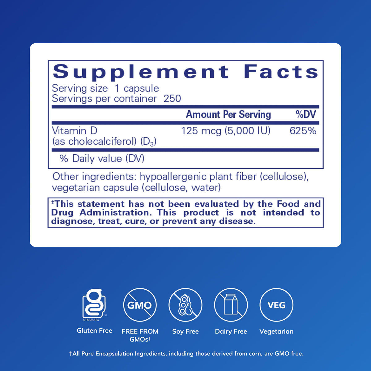 Pure Encapsulations Vitamin D3 125 mcg (5,000 IU) β Bone, Immune & Heart Health β 250 Capsules