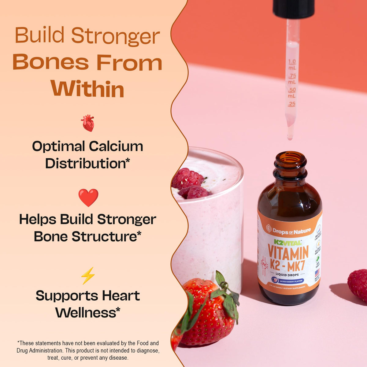 Vitamin K2 MK7 Liquid β 100 mcg, Vegan & Non-GMO, 60ml Berry Flavor | Bone & Cardiovascular Support