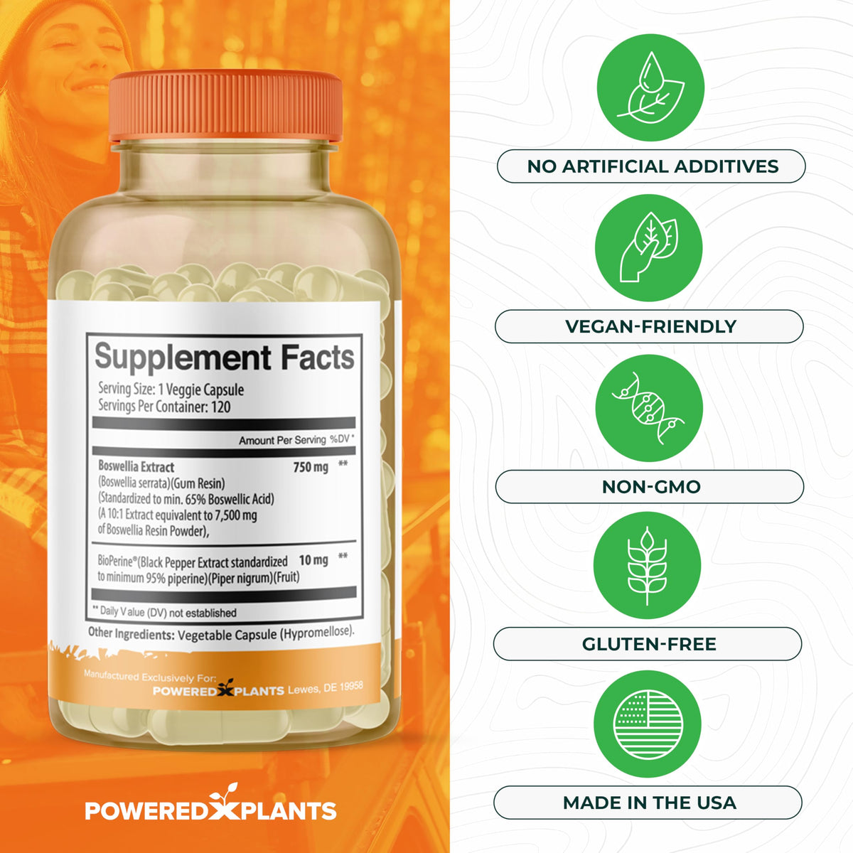 Boswellia Serrata Extract Joint Support β Powered by Plants | 65% Boswellic Acids + BioPerine | 120 Vegan Capsules