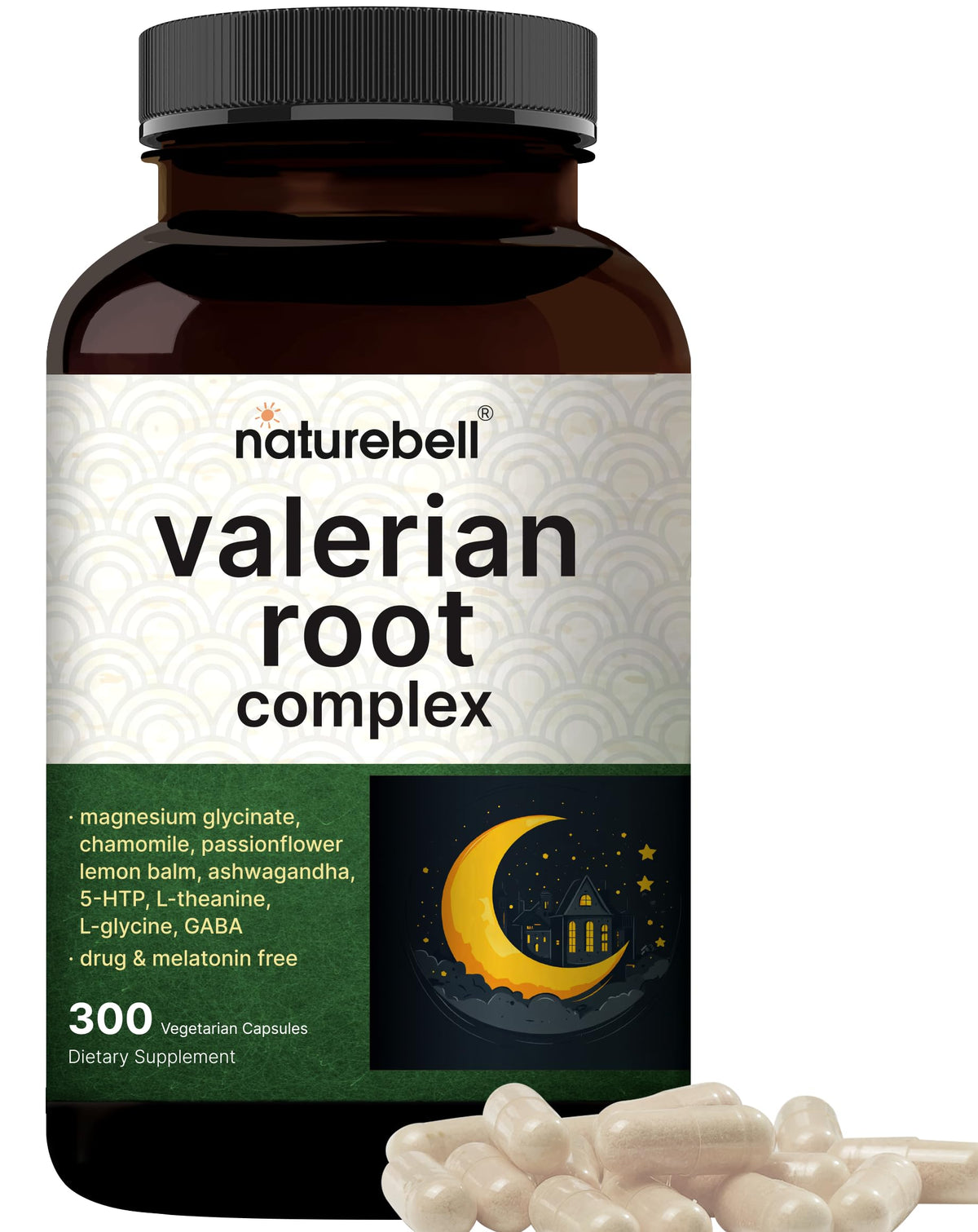 NatureBell جذور حشيشة الهر للنوم - 300 كبسولة نباتية، خالٍ من الميلاتونين