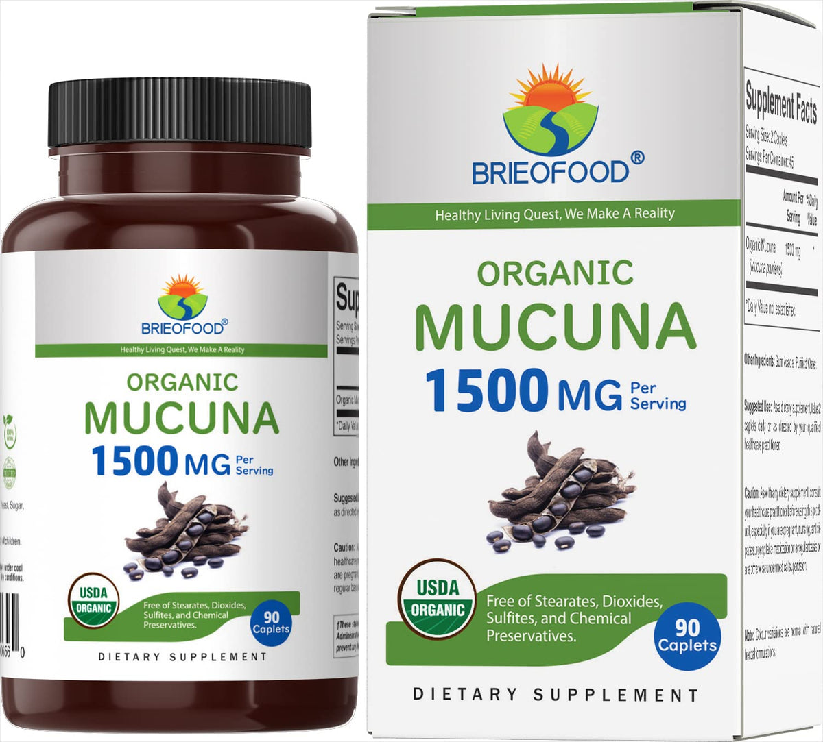 Brieofood Organic Mucuna 1500mg, 45 Servings, Vegetarian, Gluten Free, 90 Vegetarian Tablets