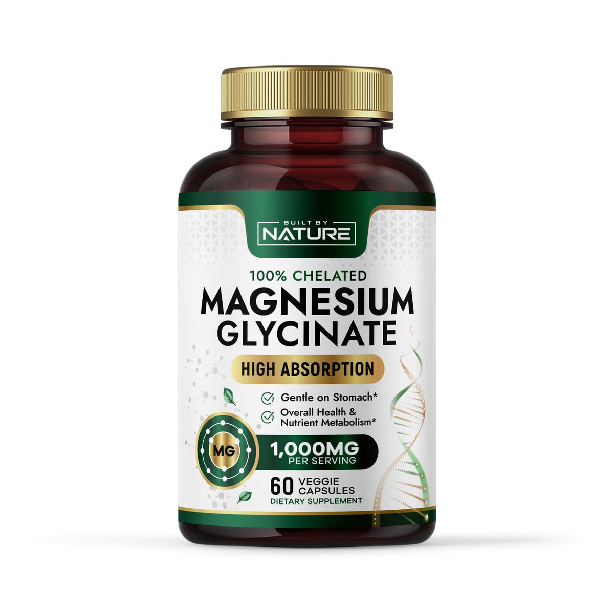 Built By Nature Magnesium Glycinate 1000mg - عالي الامتصاص، مخلّب 100%، لطيف على المعدة | 60 كبسولة