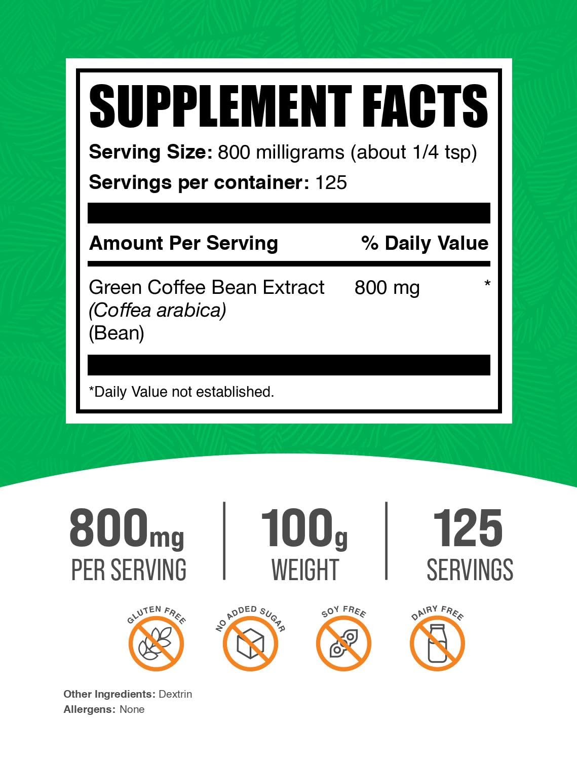 مسحوق مستخلص حبوب البن الأخضر من BulkSupplements - 800 ملغ لكل جرعة، 100 غرام (3.5 أونصة) | دعم الطاقة، خالٍ من الغلوتين
