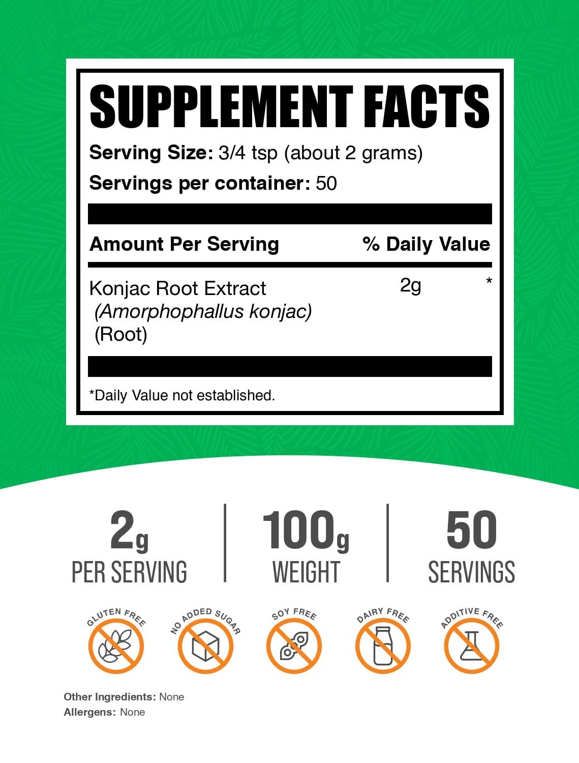 مسحوق جلوكومانان (مستخلص جذور الكونجاك) - BulkSupplements.com | خالٍ من الجلوتين، 2 جرام لكل حصة، 100 جرام