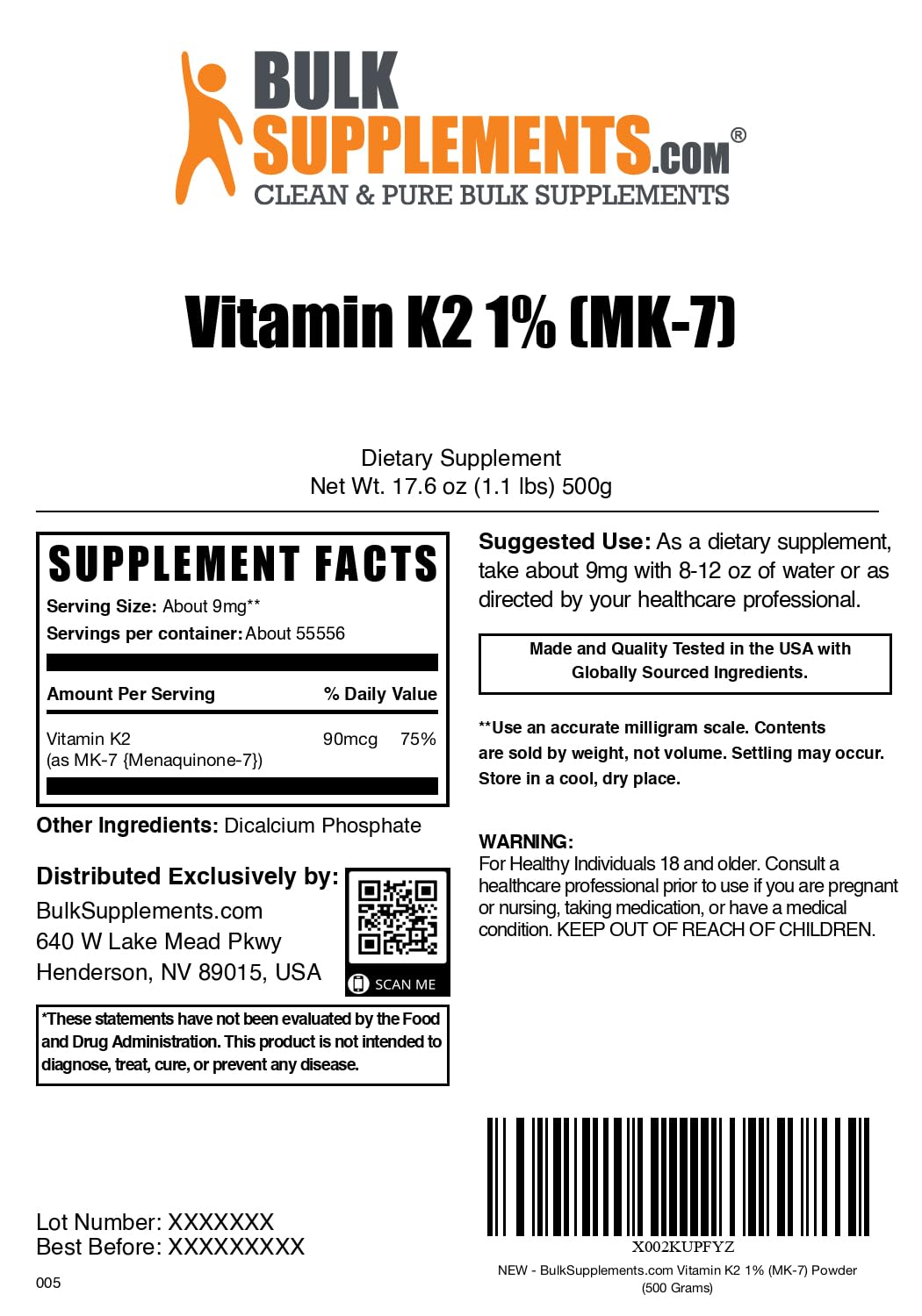 BulkSupplements Vitamin K2 Powder MK-7 – 9 mg/Serving, 500 g