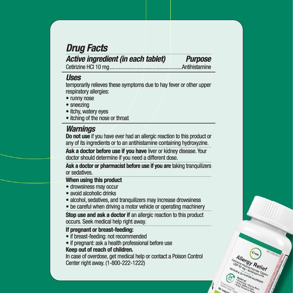 C'rcle Cetirizina HCL 10mg 365 Compresse — Sollievo dalle allergie per 24 ore senza sonnolenza