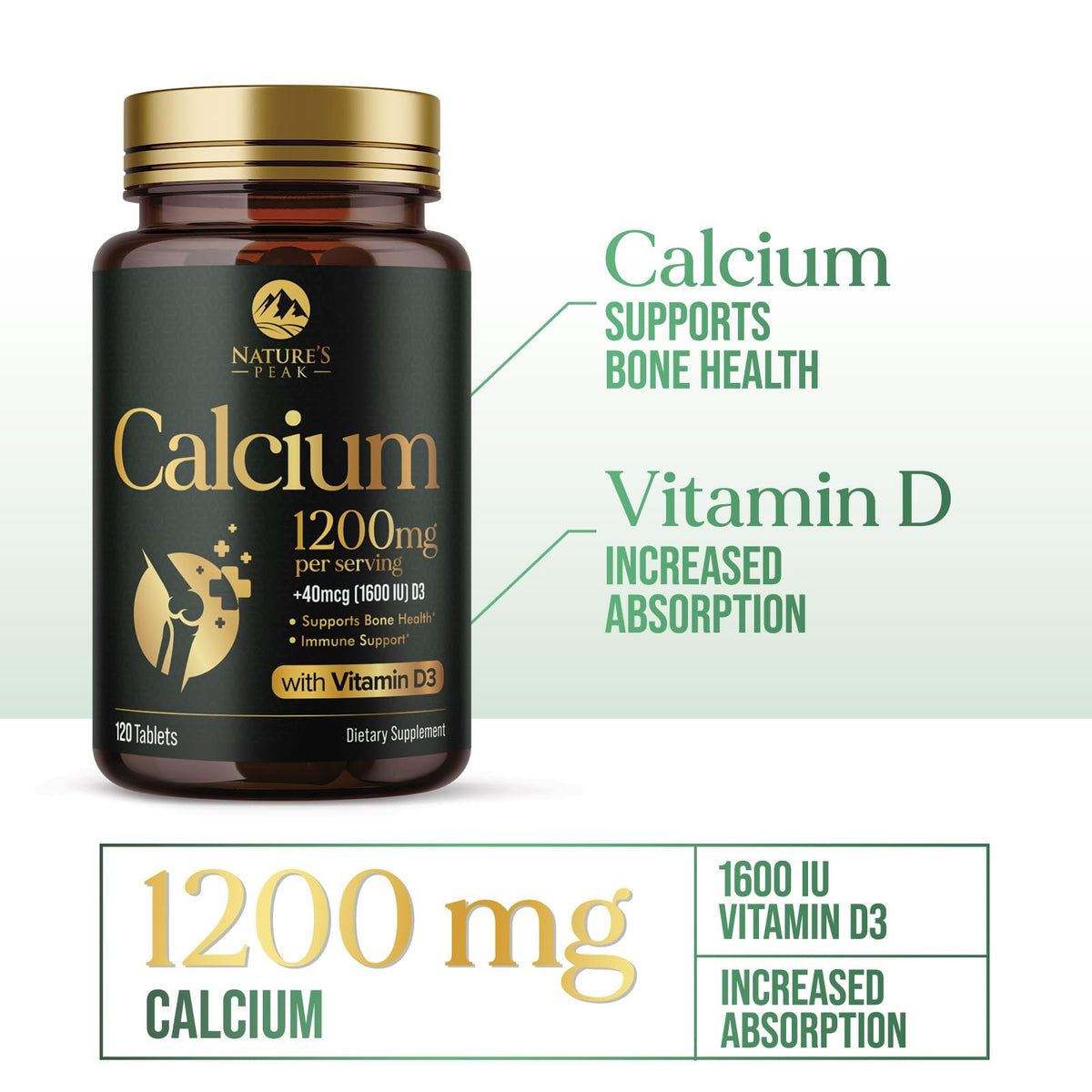 Calcium 1200 mg with Vitamin D3 - Bone Health Supplement for Men & Women | 120 Tablets