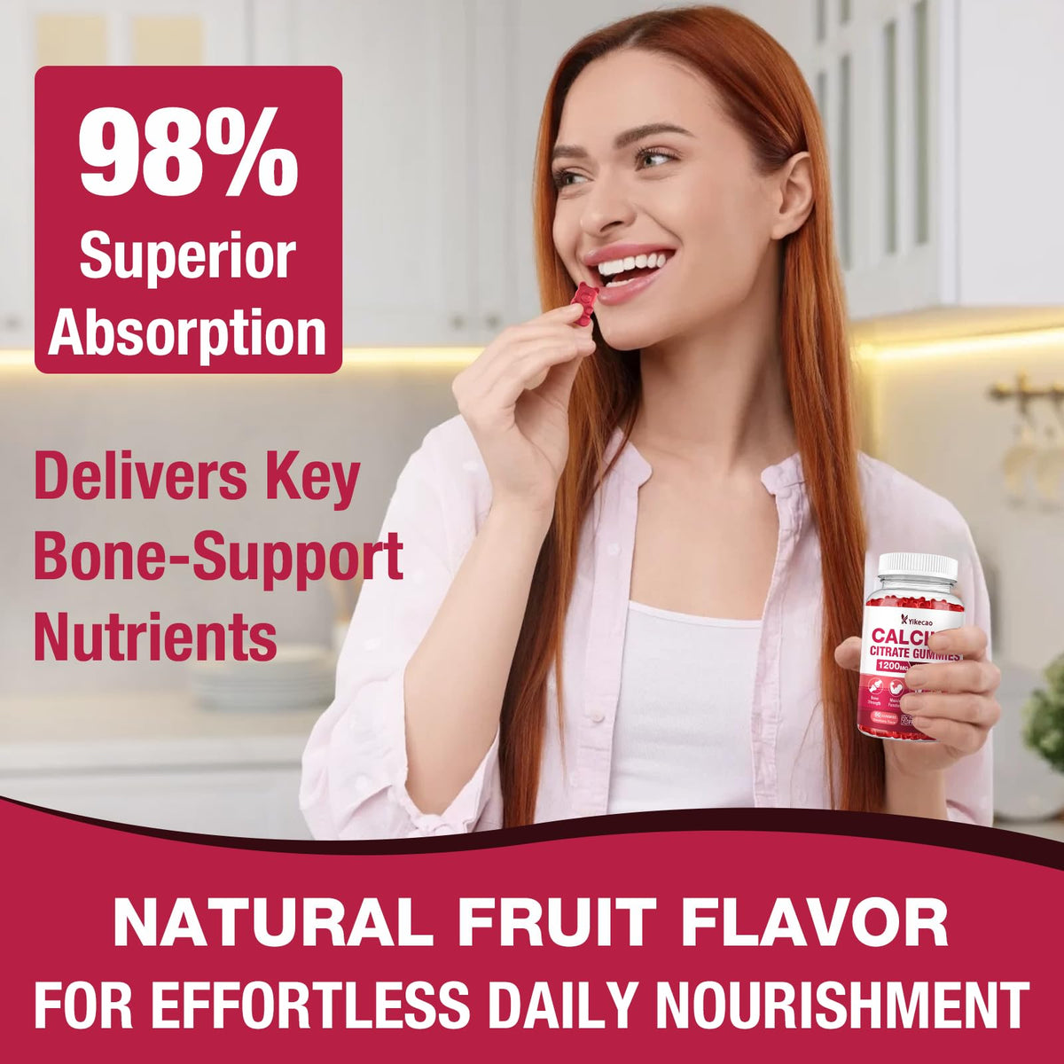 Calcium Citrate Gummies 1200mg β Strawberry Flavor, D3 & K2, 60 Count