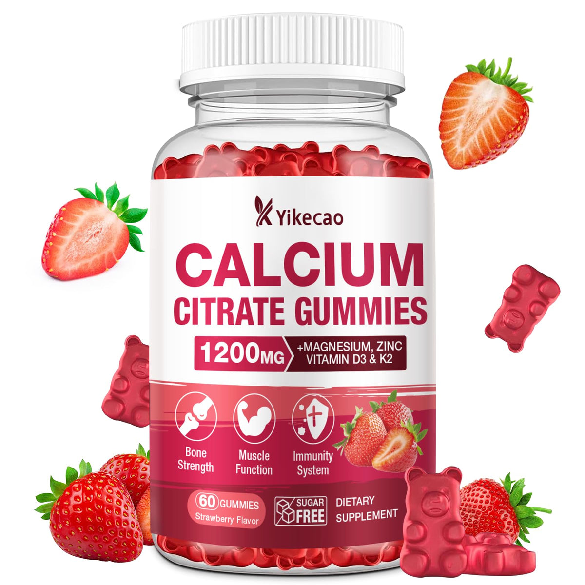 Calcium Citrate Gummies 1200mg β Strawberry Flavor, D3 & K2, 60 Count