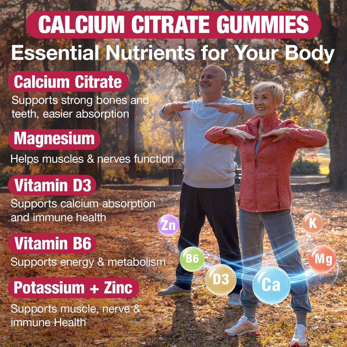 Calcium Citrate Gummies 1200mg β Strawberry Flavor, D3 & K2, 60 Count