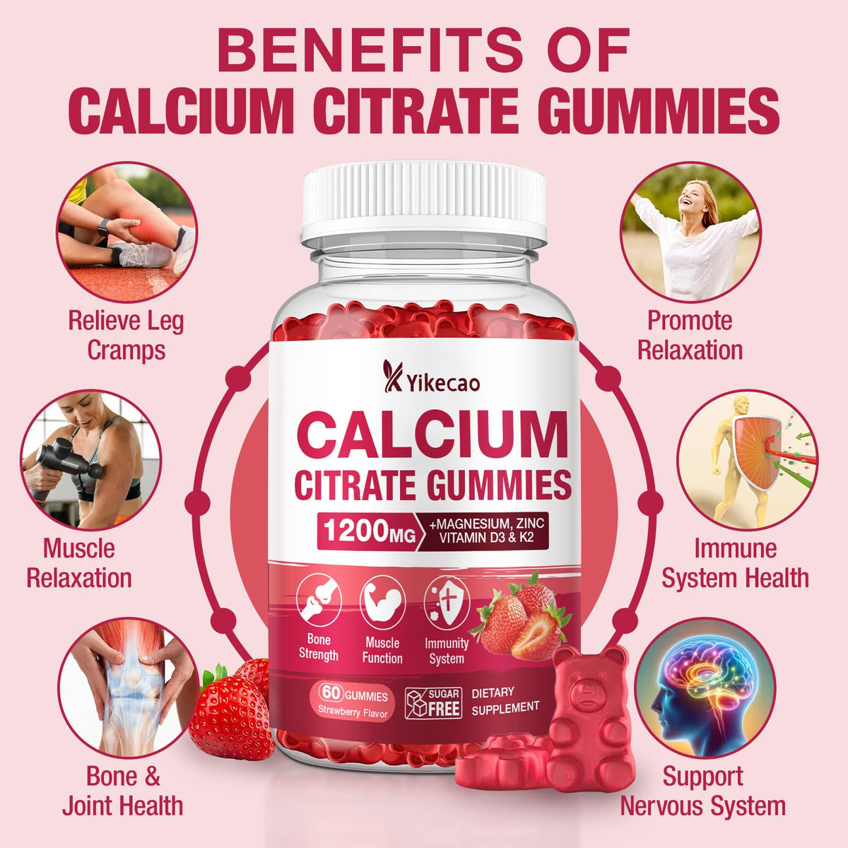 Calcium Citrate Gummies 1200mg β Strawberry Flavor, D3 & K2, 60 Count
