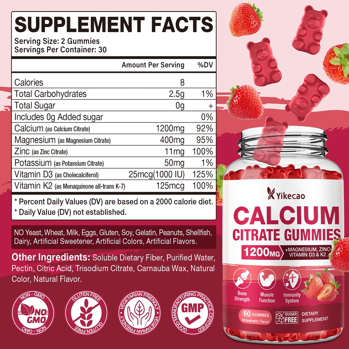 Calcium Citrate Gummies 1200mg β Strawberry Flavor, D3 & K2, 60 Count