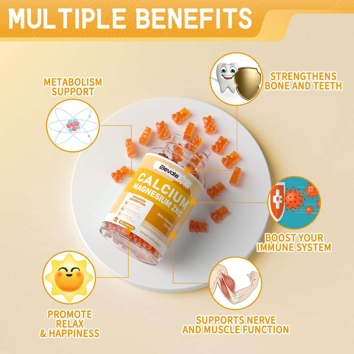 Calcium Magnesium Zinc Gummies with Vitamin D3 & K2 - High Potency, Orange-60 Count