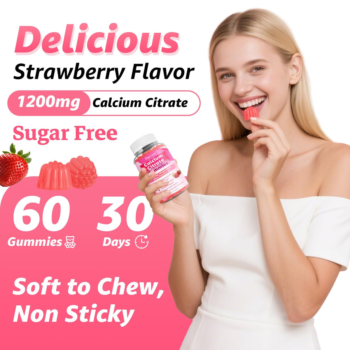 1200mg Calcium Citrate Gummies β Sugar-Free Strawberry | Bone, Teeth & Muscle Support (60 Count)