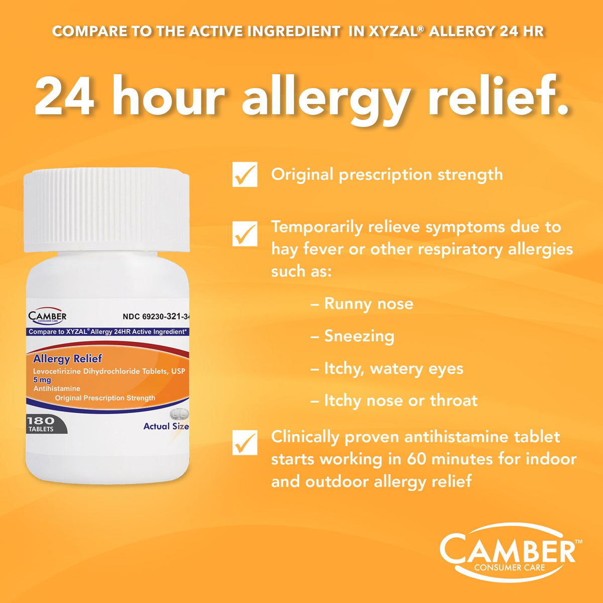 Camber Consumer Care Levocetirizine Dihydrochloride 5mg Tablets β 24-Hour Allergy Relief (80 Count) Compare to Xyzal