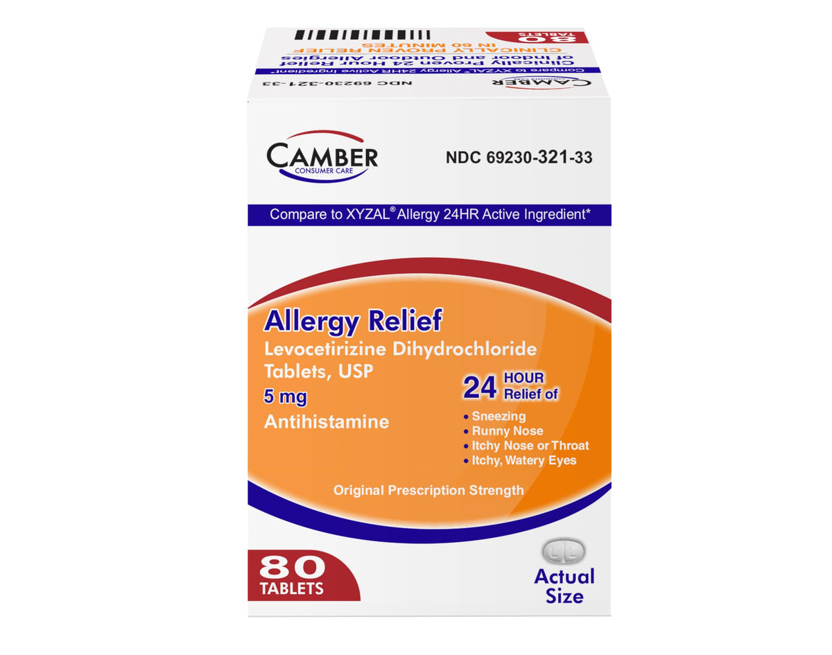 Camber Consumer Care Levocetirizine Dihydrochloride 5mg Tablets β 24-Hour Allergy Relief (80 Count) Compare to Xyzal