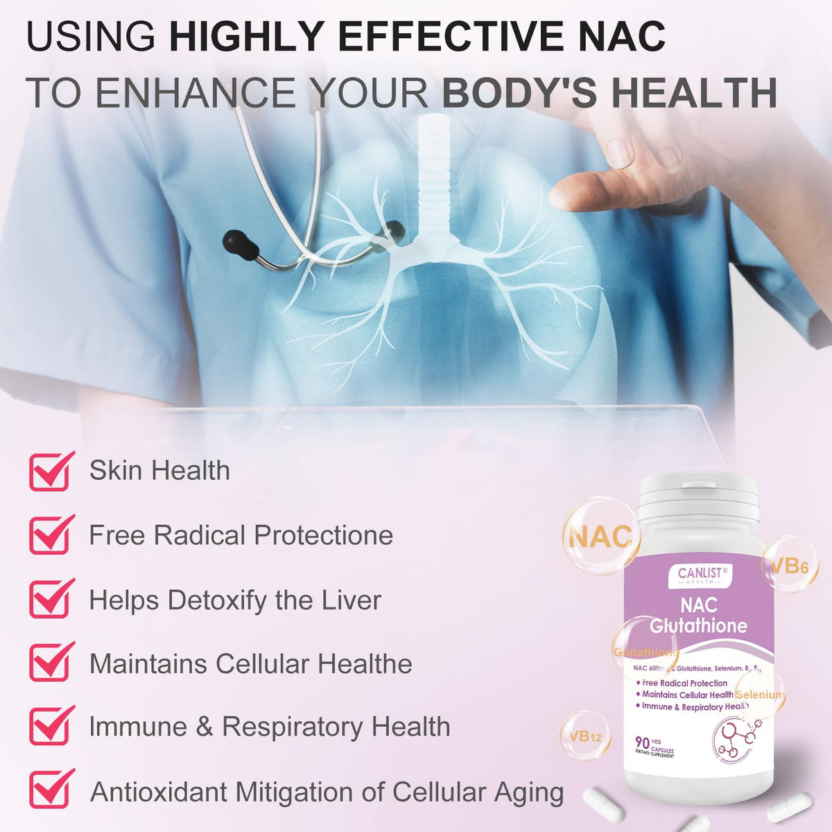 مكمل CANLIST NAC – إن-أسيتيل سِيستئين 600 ملجم + جلوتاثيون 400 ملجم | صحة الكبد، إزالة السموم، 90 كبسولة نباتية