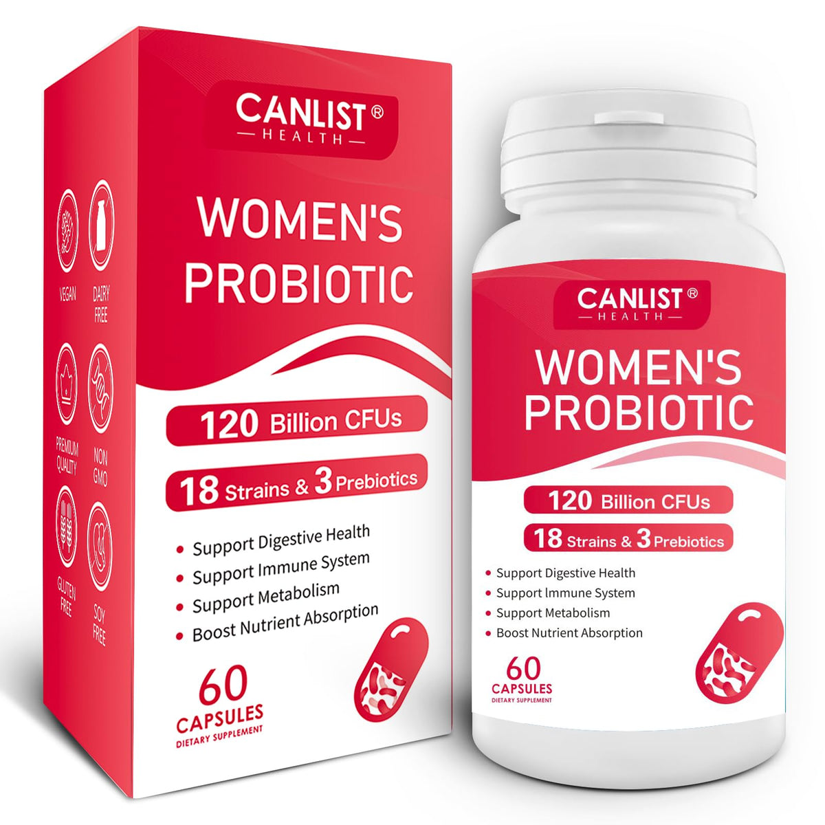 CANLIST بروبيوتيك النساء 120 مليار وحدة تشكيل مستعمرة | 18 سلالة | 60 كبسولة | غير معدل وراثيًا ونباتي