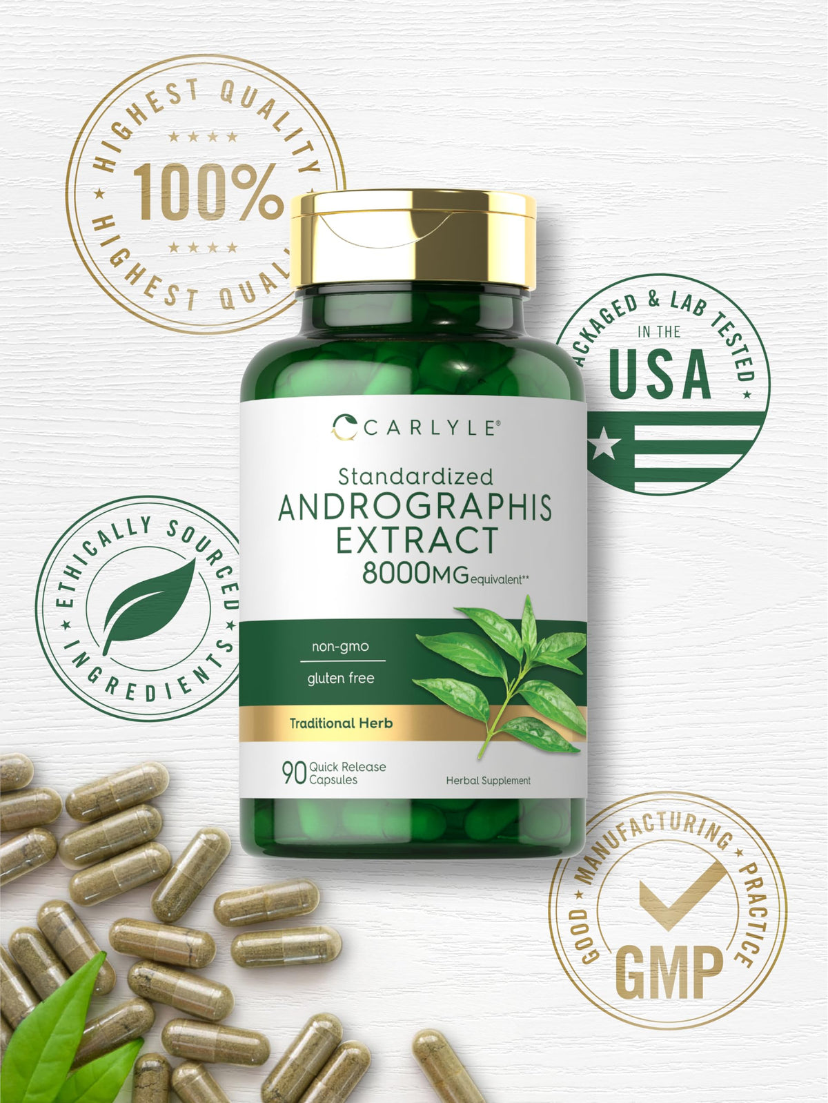 Carlyle Andrographis Paniculata Capsules | 8000mg | 90 Pills | Herb Extract Supplement | Non-GMO and Gluten Free