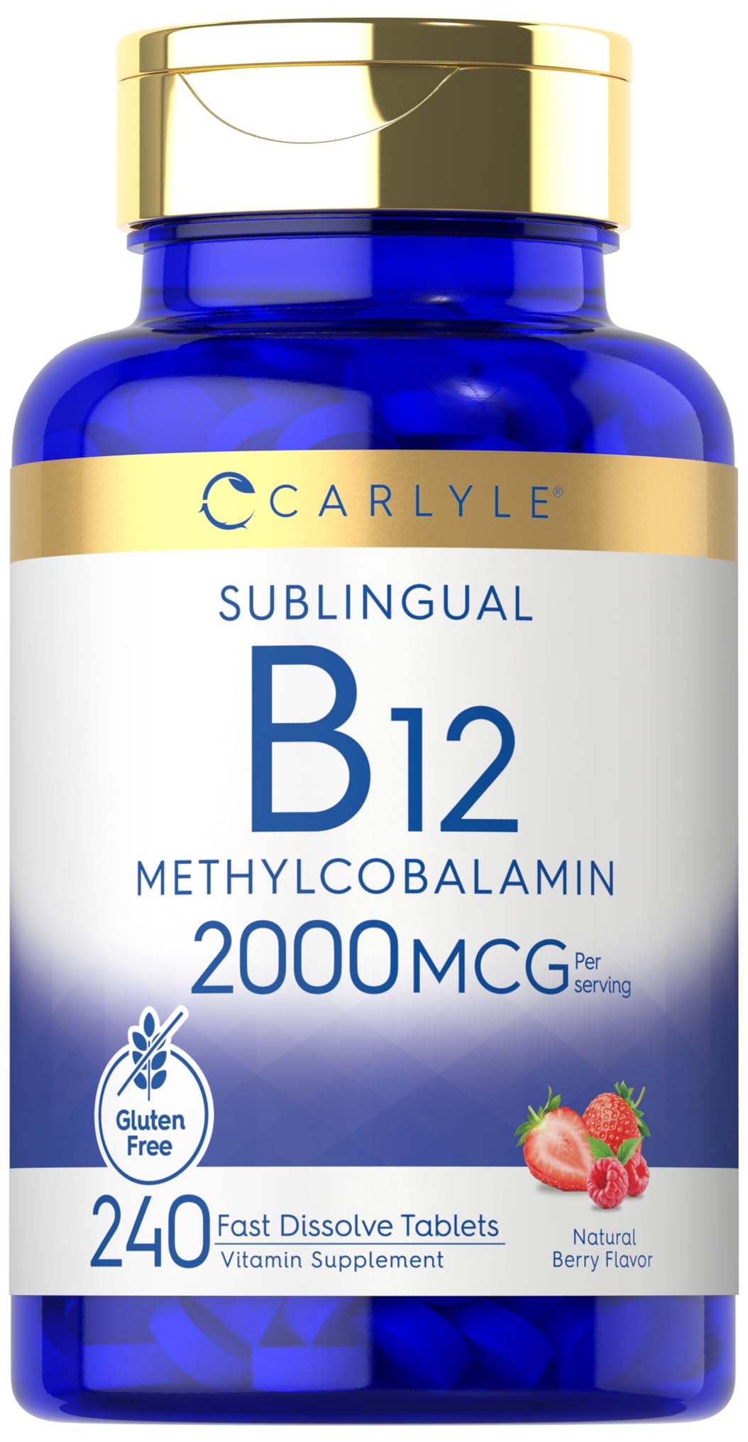 Carlyle B12 Vitamin 2000 mcg | 240 Fast Dissolve Tablets | Sublingual Methylcobalamin | Berry Flavor | Vegetarian, Non-GMO & Gluten Free Supplement