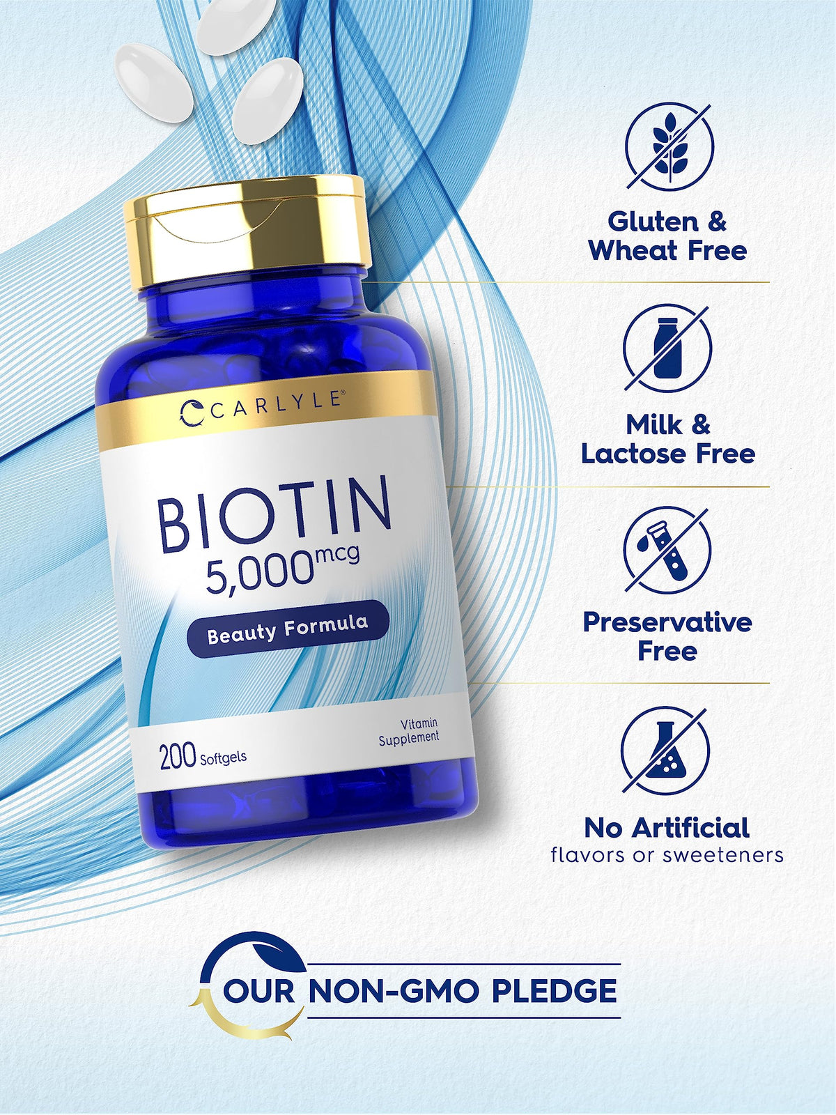 Carlyle Biotin 5000mcg Softgels β 200 Count | Hair, Skin & Nails Vitamin | Non-GMO, Gluten Free