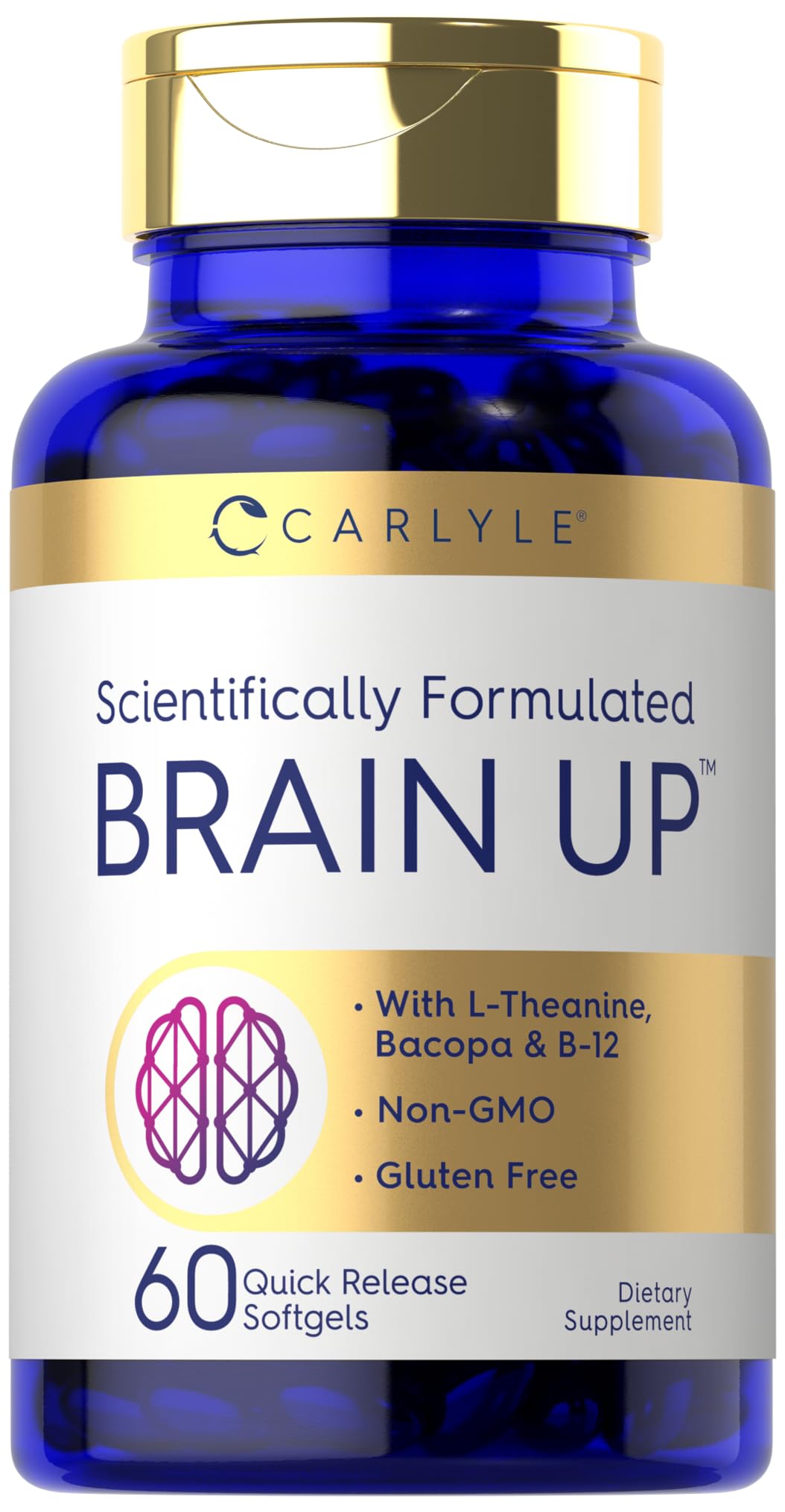 Carlyle Brain Up – 60 كبسولة هلامية | إل-ثيانين، باكوبا وفيتامين ب12 | غير معدل وراثياً، خالٍ من الغلوتين