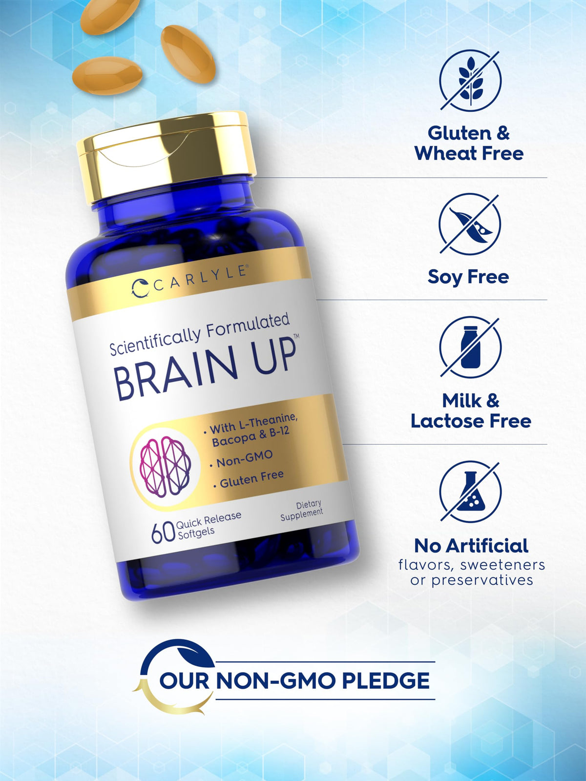 Carlyle Brain Up – 60 كبسولة هلامية | إل-ثيانين، باكوبا وفيتامين ب12 | غير معدل وراثياً، خالٍ من الغلوتين