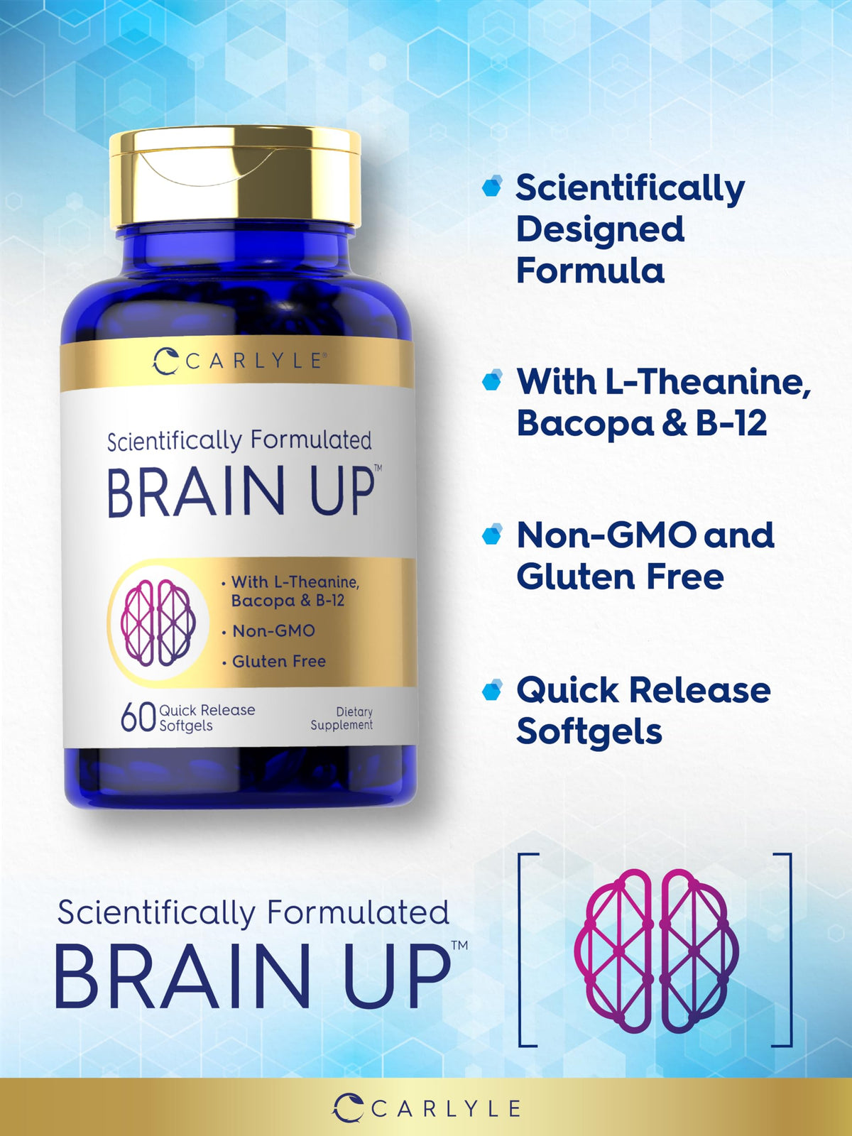 Carlyle Brain Up – 60 كبسولة هلامية | إل-ثيانين، باكوبا وفيتامين ب12 | غير معدل وراثياً، خالٍ من الغلوتين