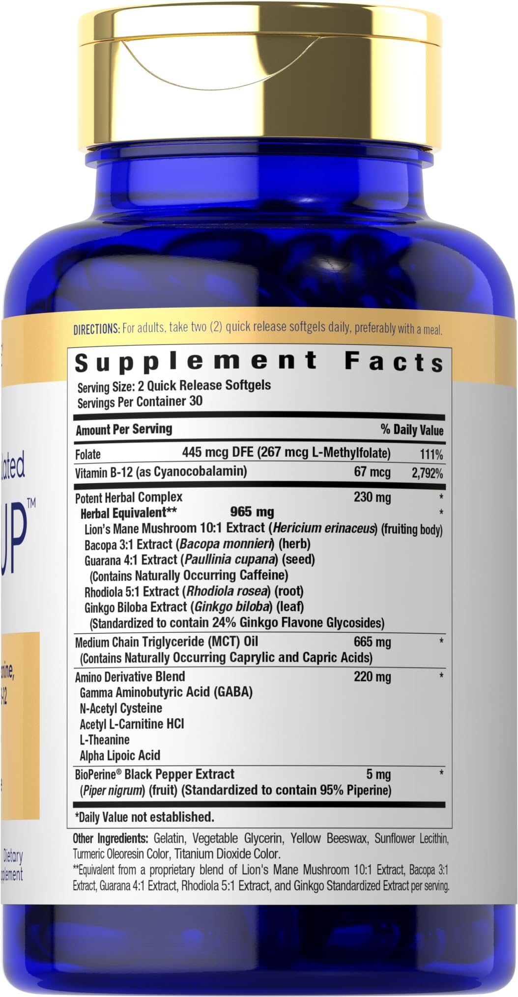 Carlyle Brain Up – 60 كبسولة هلامية | إل-ثيانين، باكوبا وفيتامين ب12 | غير معدل وراثياً، خالٍ من الغلوتين
