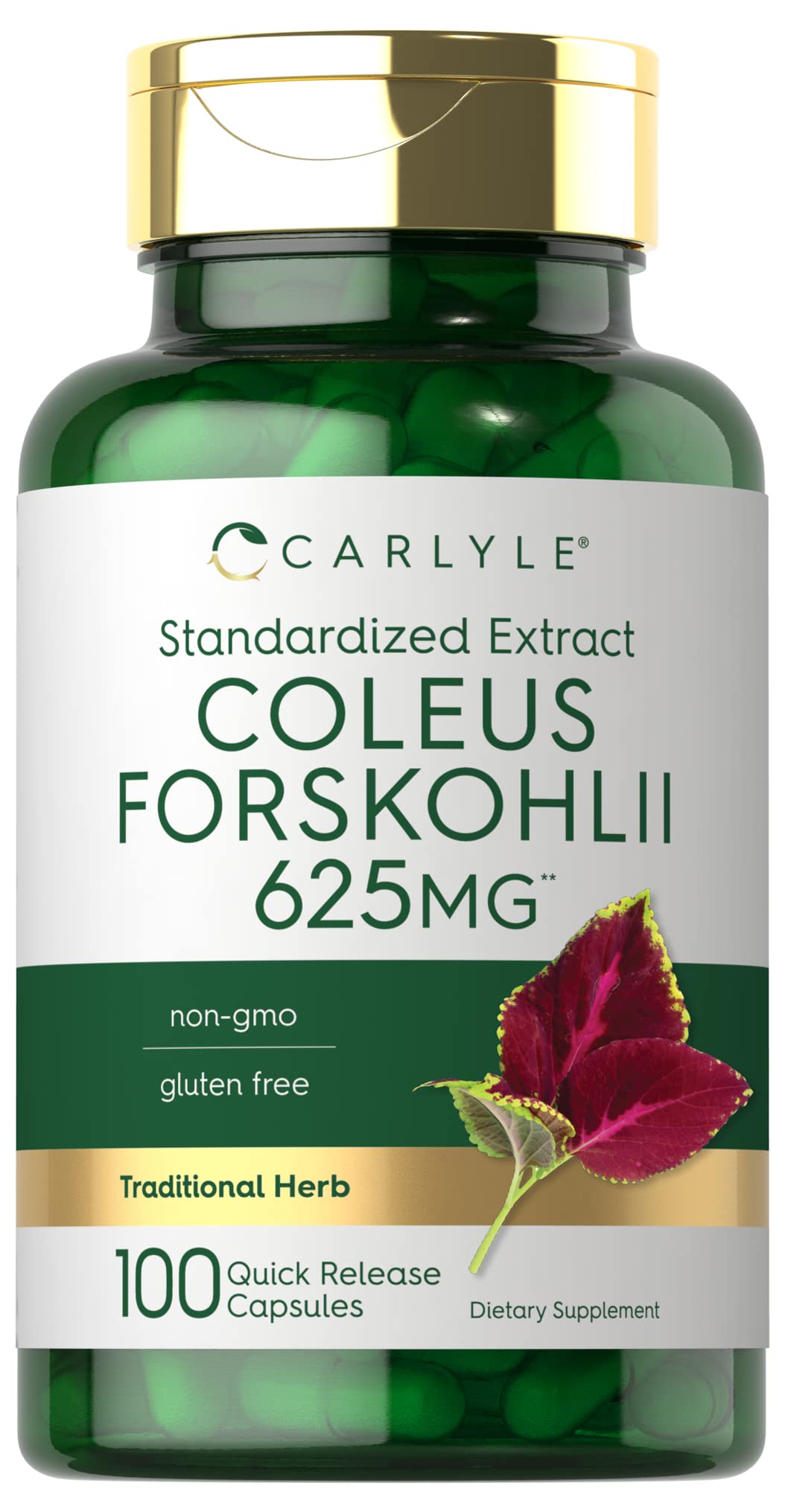 كبسولات كوليوس فورسكوهلي من كارلايل | 625 ملجم | 100 كبسولة | مستخلص موحد غير معدّل وراثيًا وخالٍ من الجلوتين | مكمل فورسكولين