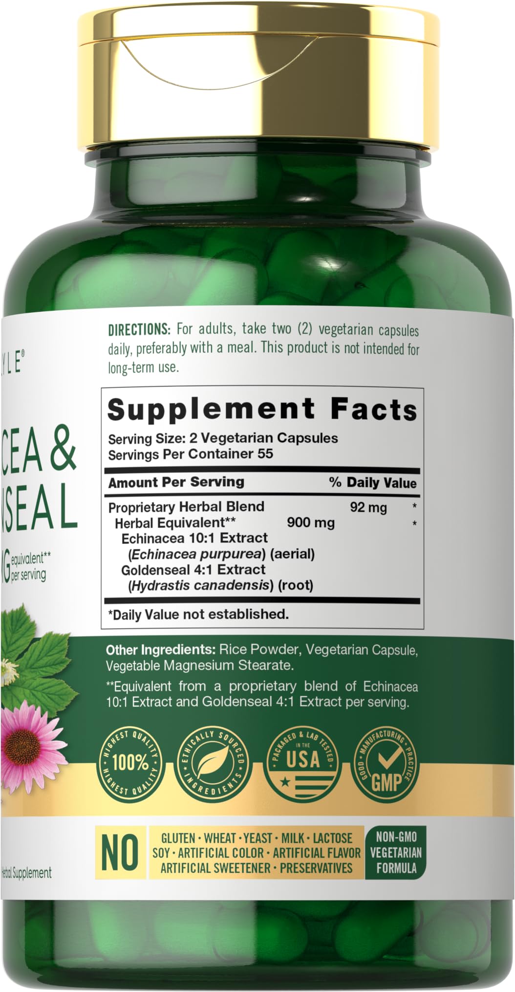 Carlyle Echinacea Goldenseal Capsules β 110 Count, 900mg | Vegetarian, Non-GMO, Gluten Free