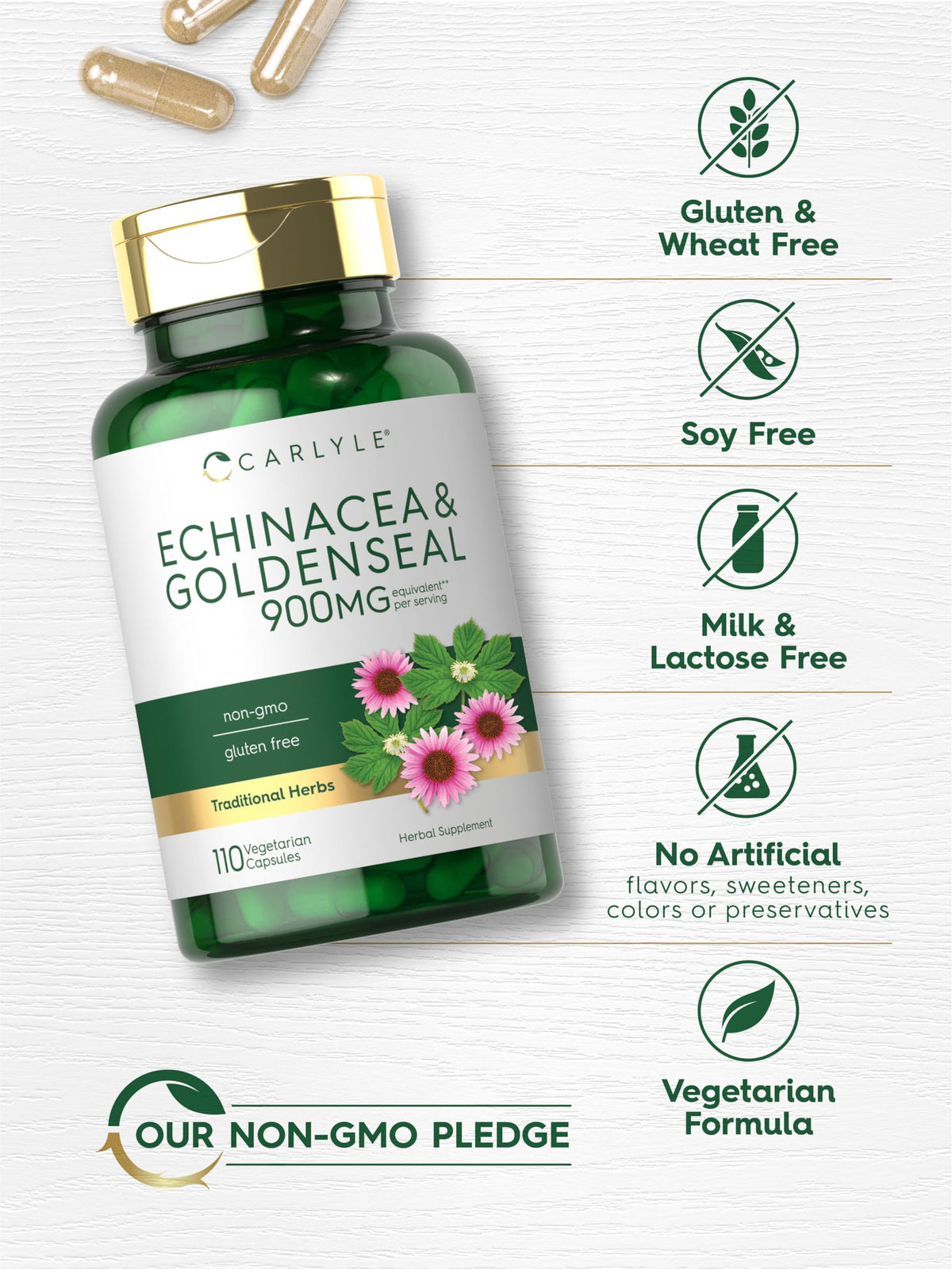 Carlyle Echinacea Goldenseal Capsules β 110 Count, 900mg | Vegetarian, Non-GMO, Gluten Free