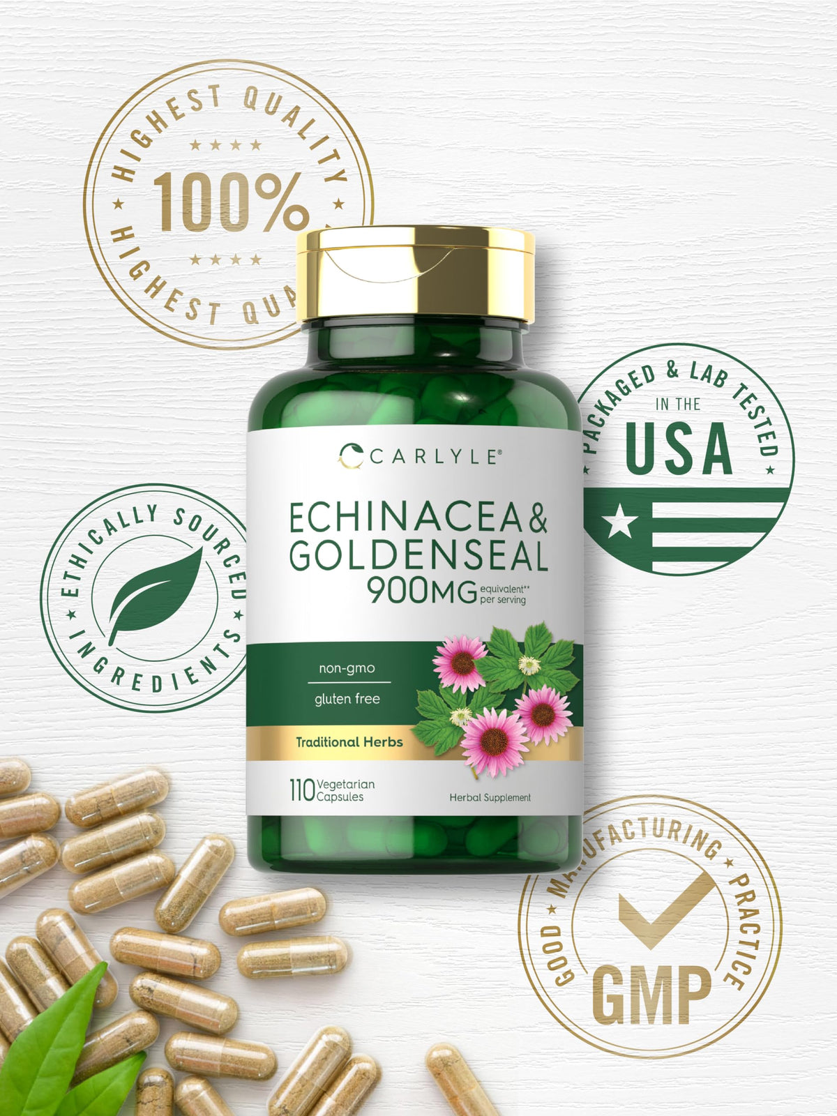 Carlyle Echinacea Goldenseal Capsules β 110 Count, 900mg | Vegetarian, Non-GMO, Gluten Free