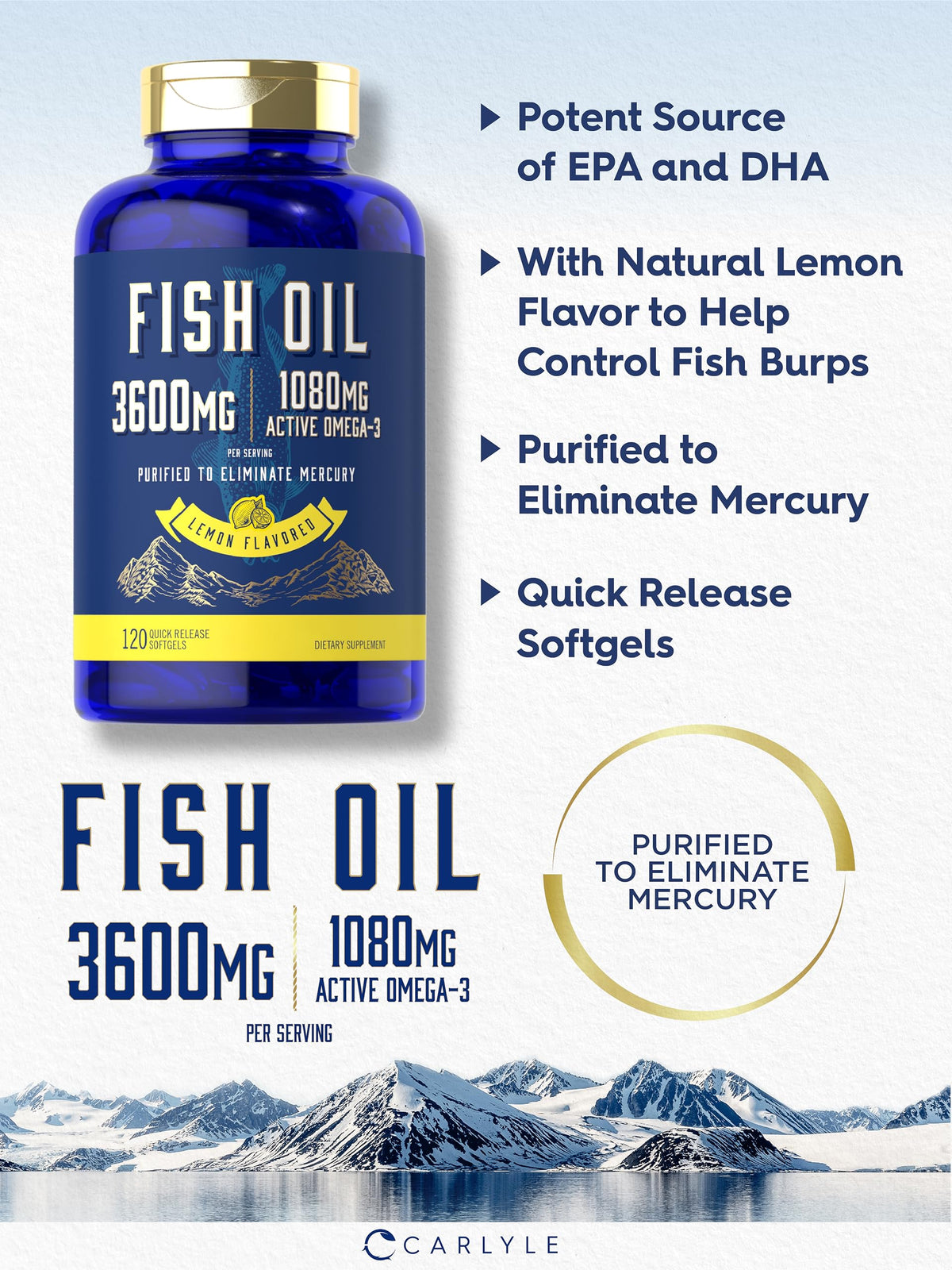 Carlyle Fish Oil 3600mg β 1080mg Omega-3, 120 Count, Non-GMO