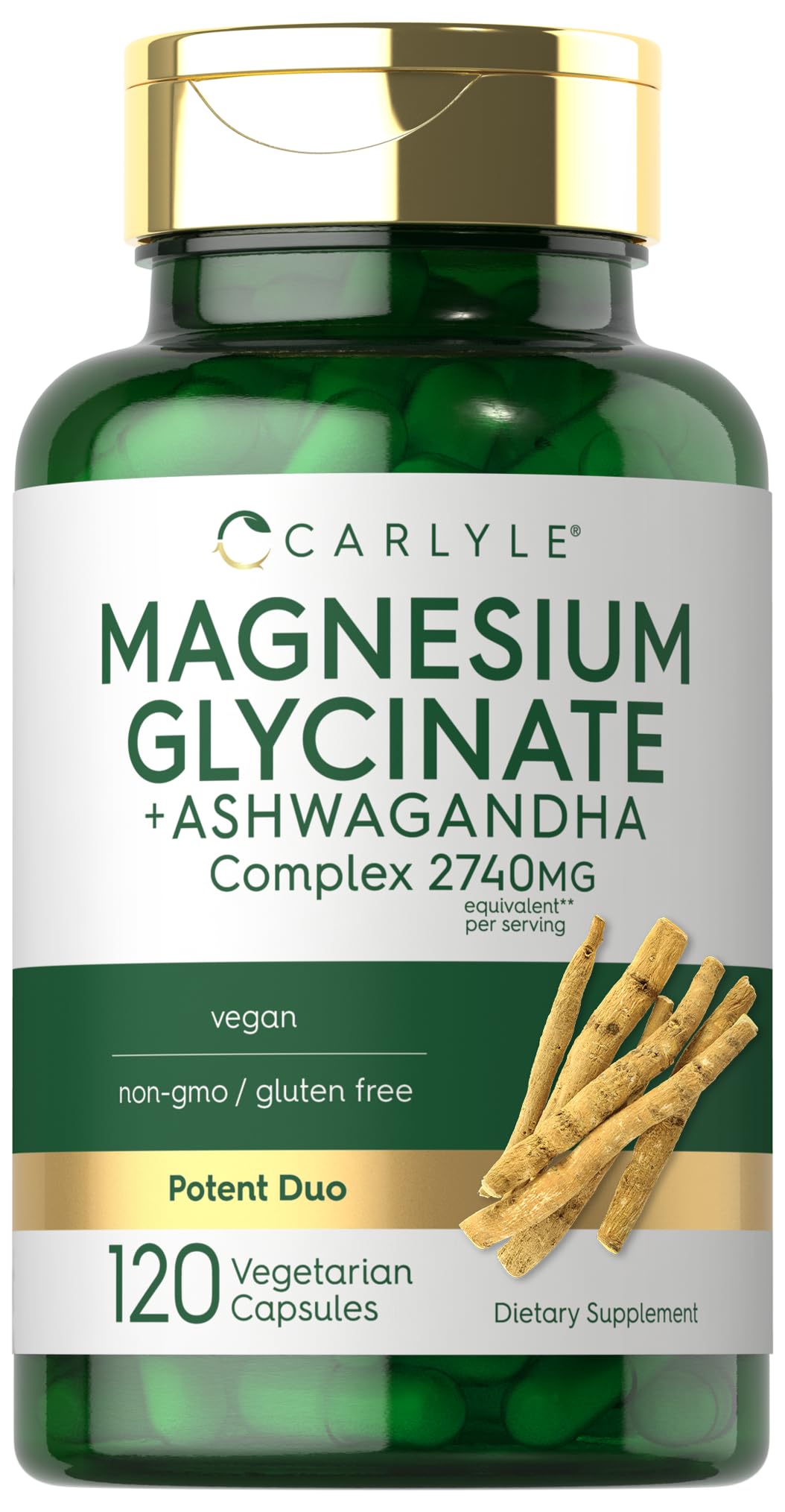 Carlyle Magnesium Glycinate مع Ashwagandha | مركب 2,740 ملغ | 120 كبسولة نباتية | غير معدل وراثيًا وخالي من الغلوتين