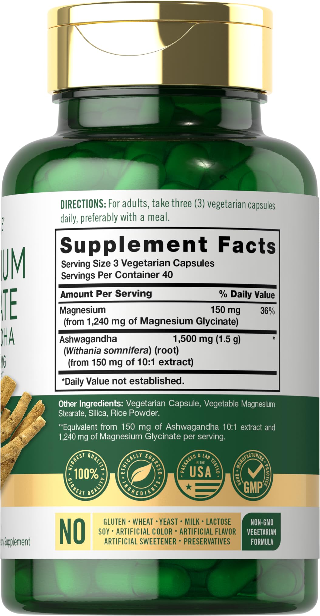 Carlyle Magnesium Glycinate مع Ashwagandha | مركب 2,740 ملغ | 120 كبسولة نباتية | غير معدل وراثيًا وخالي من الغلوتين