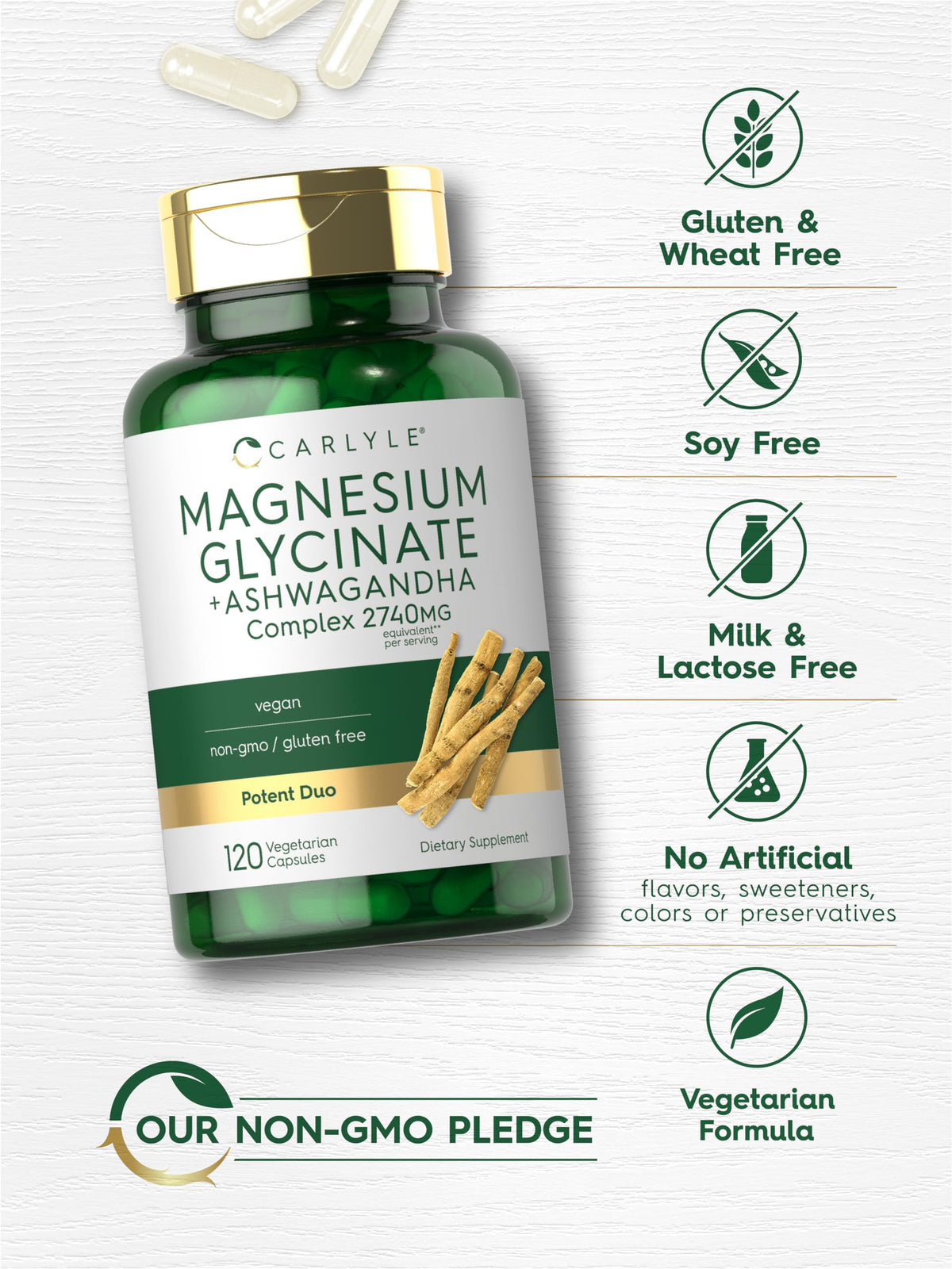 Carlyle Magnesium Glycinate مع Ashwagandha | مركب 2,740 ملغ | 120 كبسولة نباتية | غير معدل وراثيًا وخالي من الغلوتين