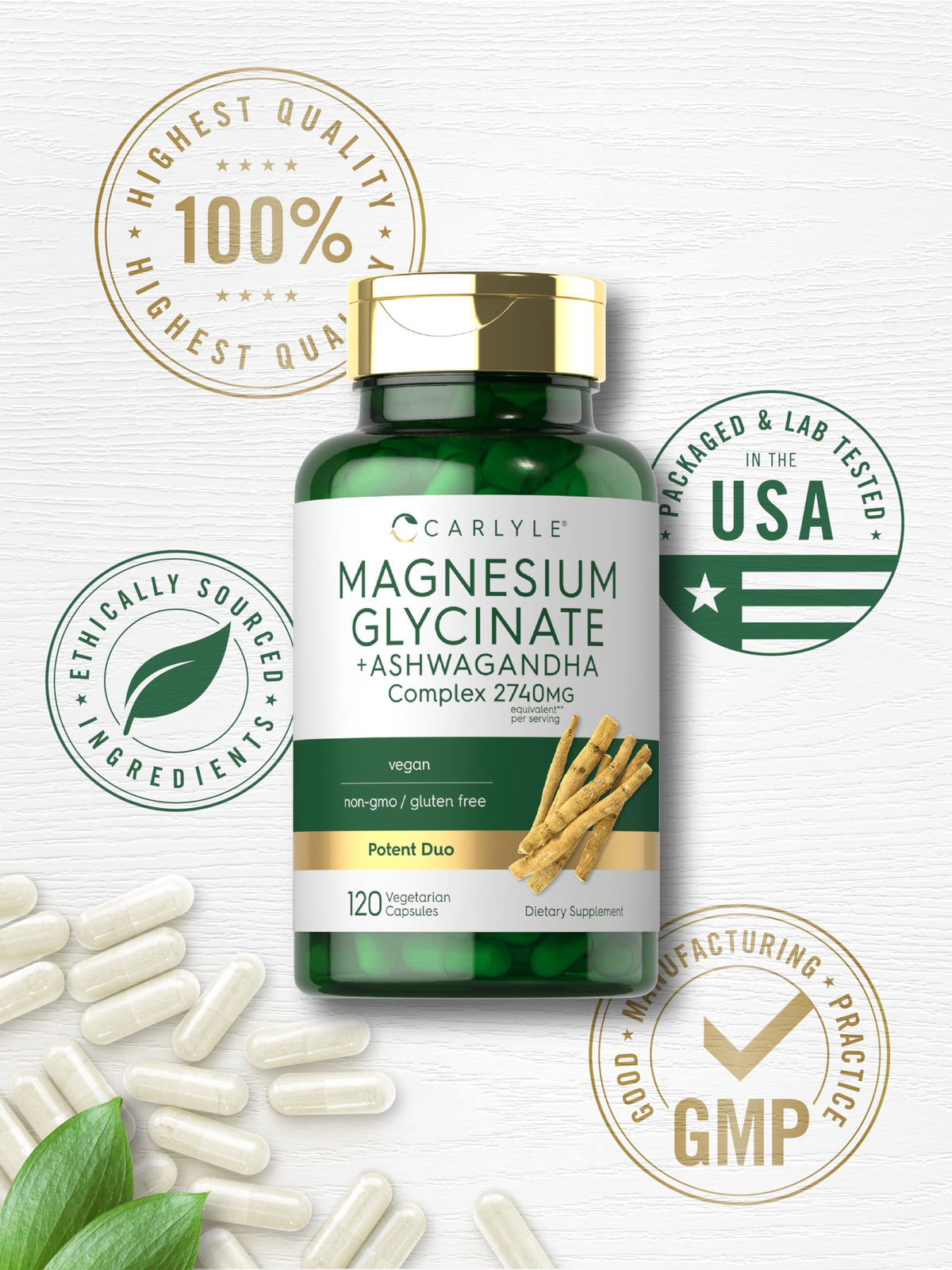 Carlyle Magnesium Glycinate مع Ashwagandha | مركب 2,740 ملغ | 120 كبسولة نباتية | غير معدل وراثيًا وخالي من الغلوتين