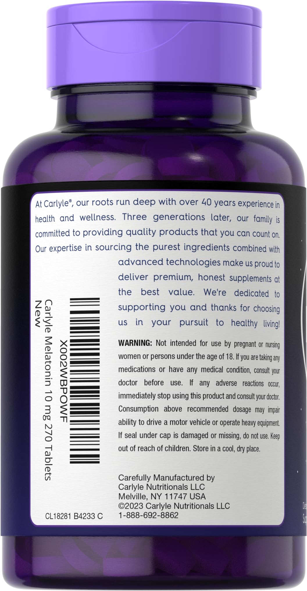 Carlyle Melatonin 10mg – 270 كبسولة | إل-ثيانين | نباتي، غير معدل وراثيًا، خالي من الغلوتين
