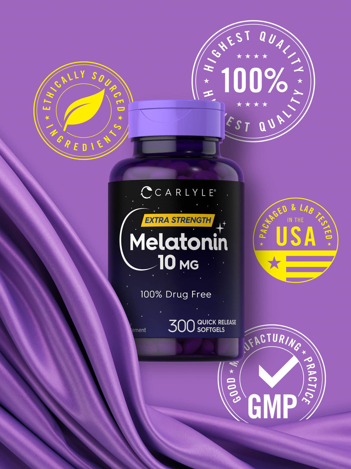 Carlyle Melatonin 10mg Softgels – 300 Count, قوة إضافية للبالغين | غير معدّل وراثيًا وخالٍ من الجلوتين