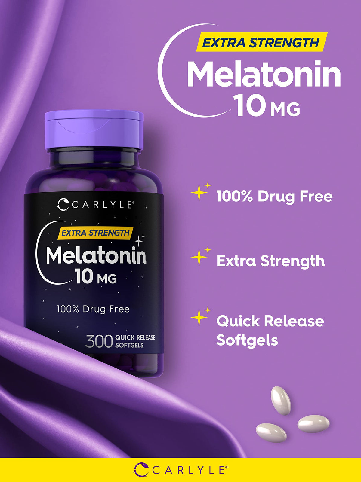 Carlyle Melatonin 10mg Softgels – 300 Count, قوة إضافية للبالغين | غير معدّل وراثيًا وخالٍ من الجلوتين