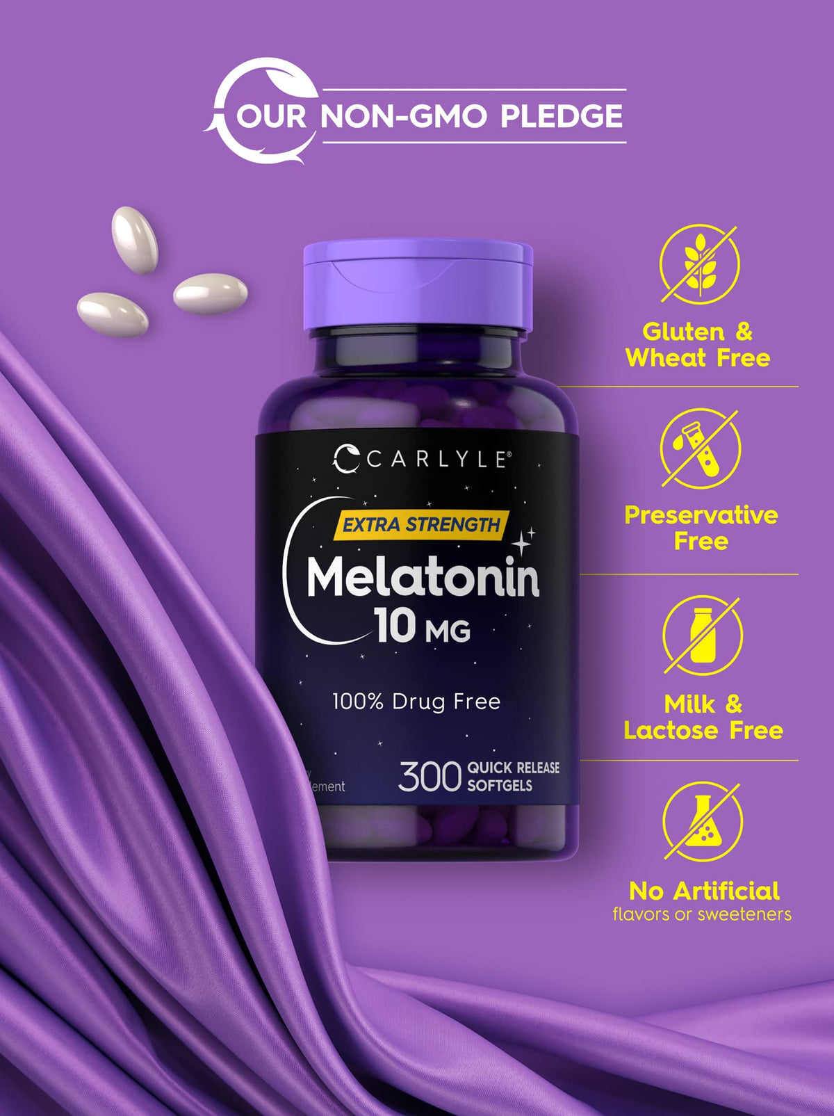 Carlyle Melatonin 10mg Softgels – 300 Count, قوة إضافية للبالغين | غير معدّل وراثيًا وخالٍ من الجلوتين