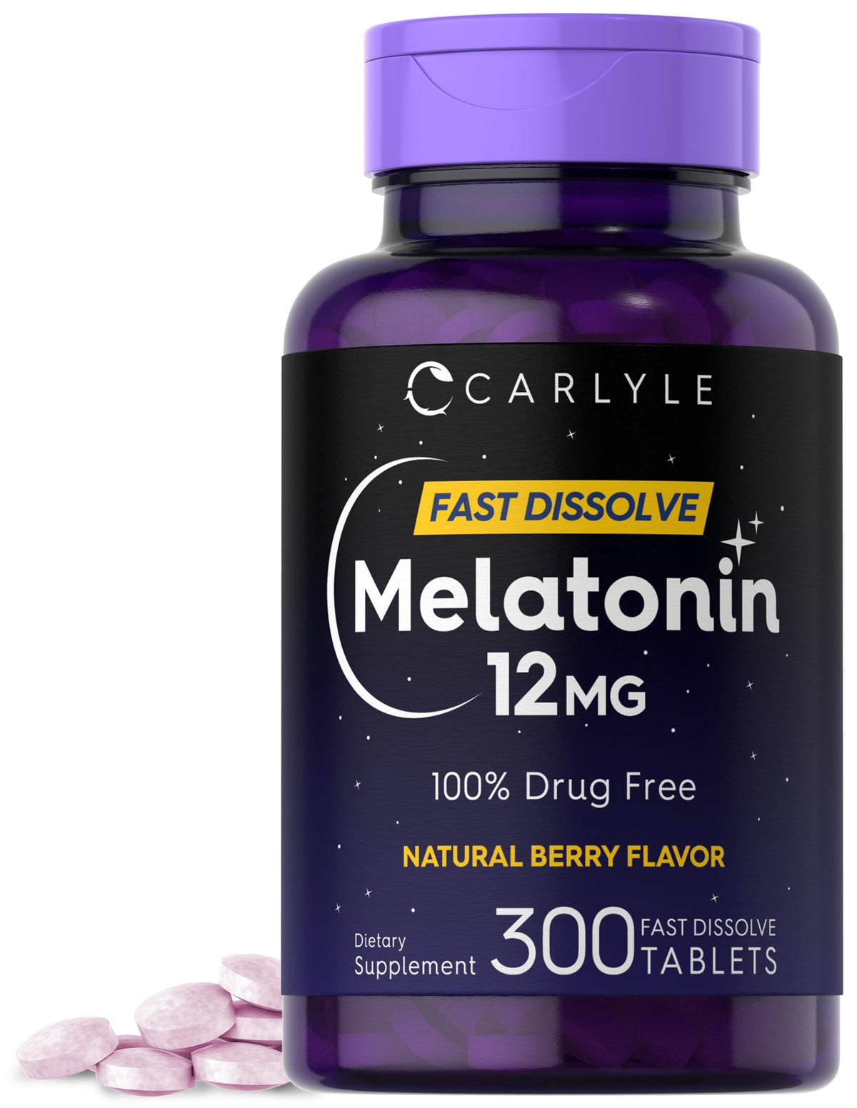 Carlyle Melatonin 12 mg سريع الذوبان - 300 قرص | بنكهة التوت | خالٍ من الأدوية، نباتي، غير معدل وراثيًا، خالٍ من الغلوتين
