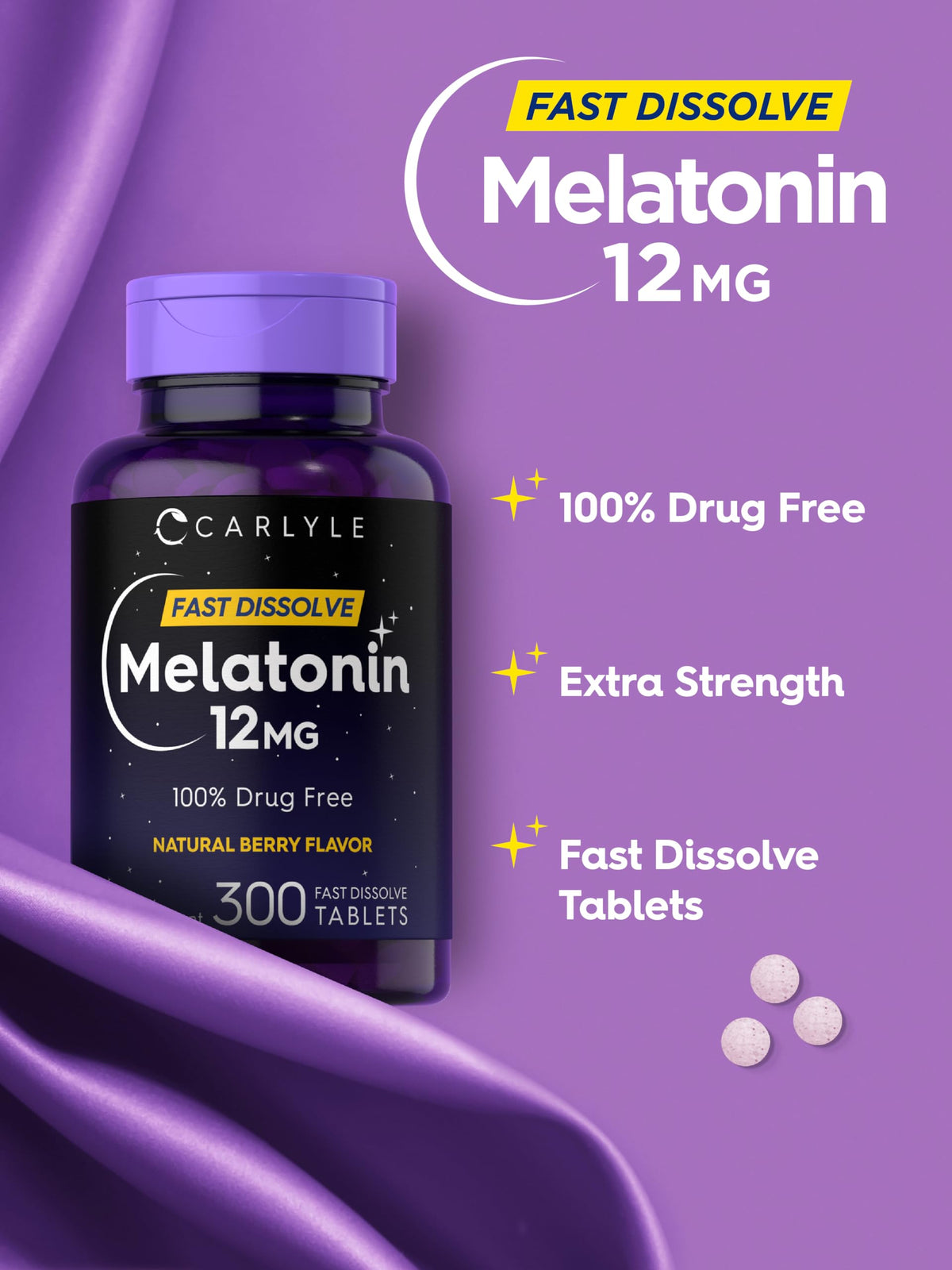 Carlyle Melatonin 12 mg سريع الذوبان - 300 قرص | بنكهة التوت | خالٍ من الأدوية، نباتي، غير معدل وراثيًا، خالٍ من الغلوتين